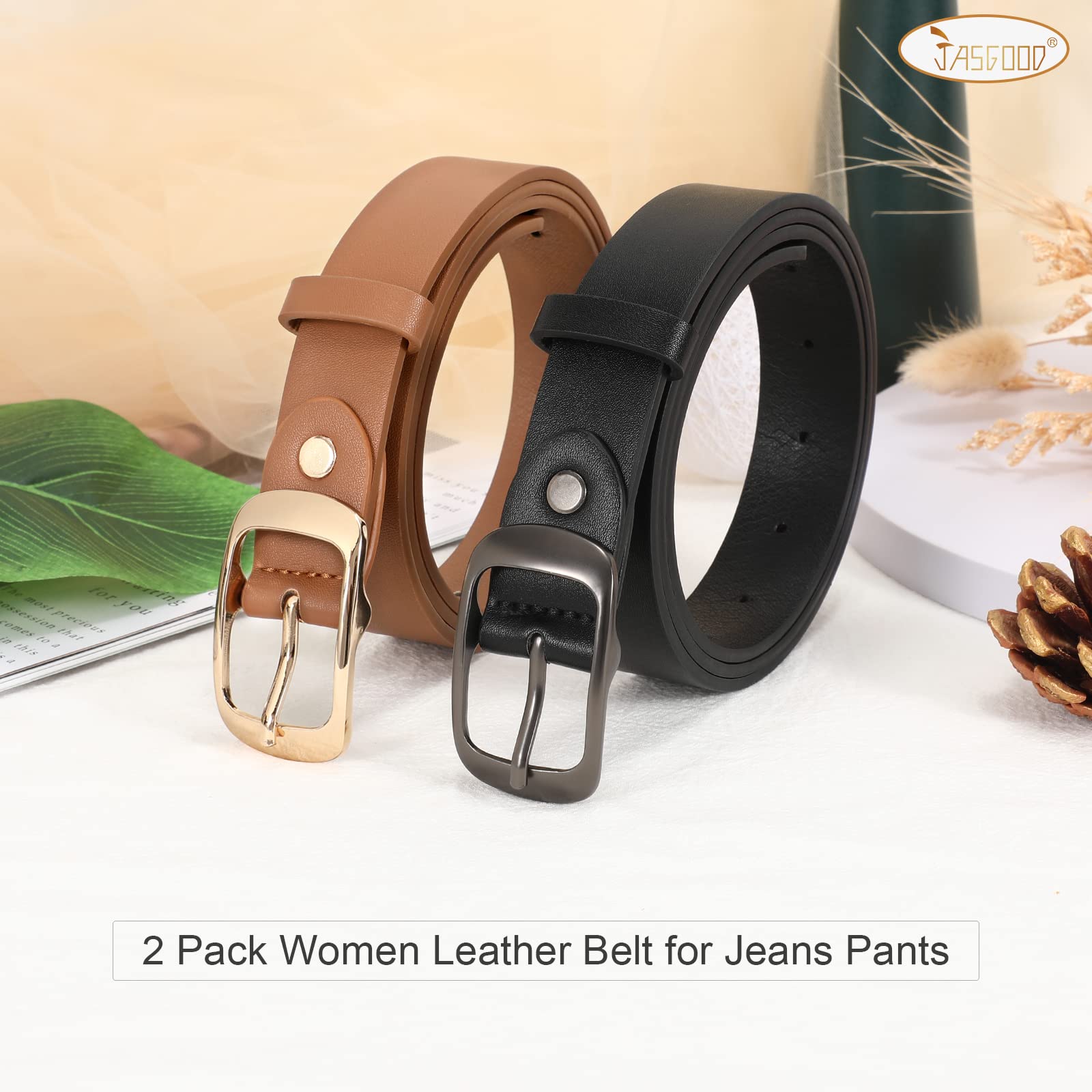 JASGOOD 2 Pack Women Faux Leather Belt, Fashion Ladies Belt with Pin Buckle for Jeans Pants - JASGOOD OFFICIAL
