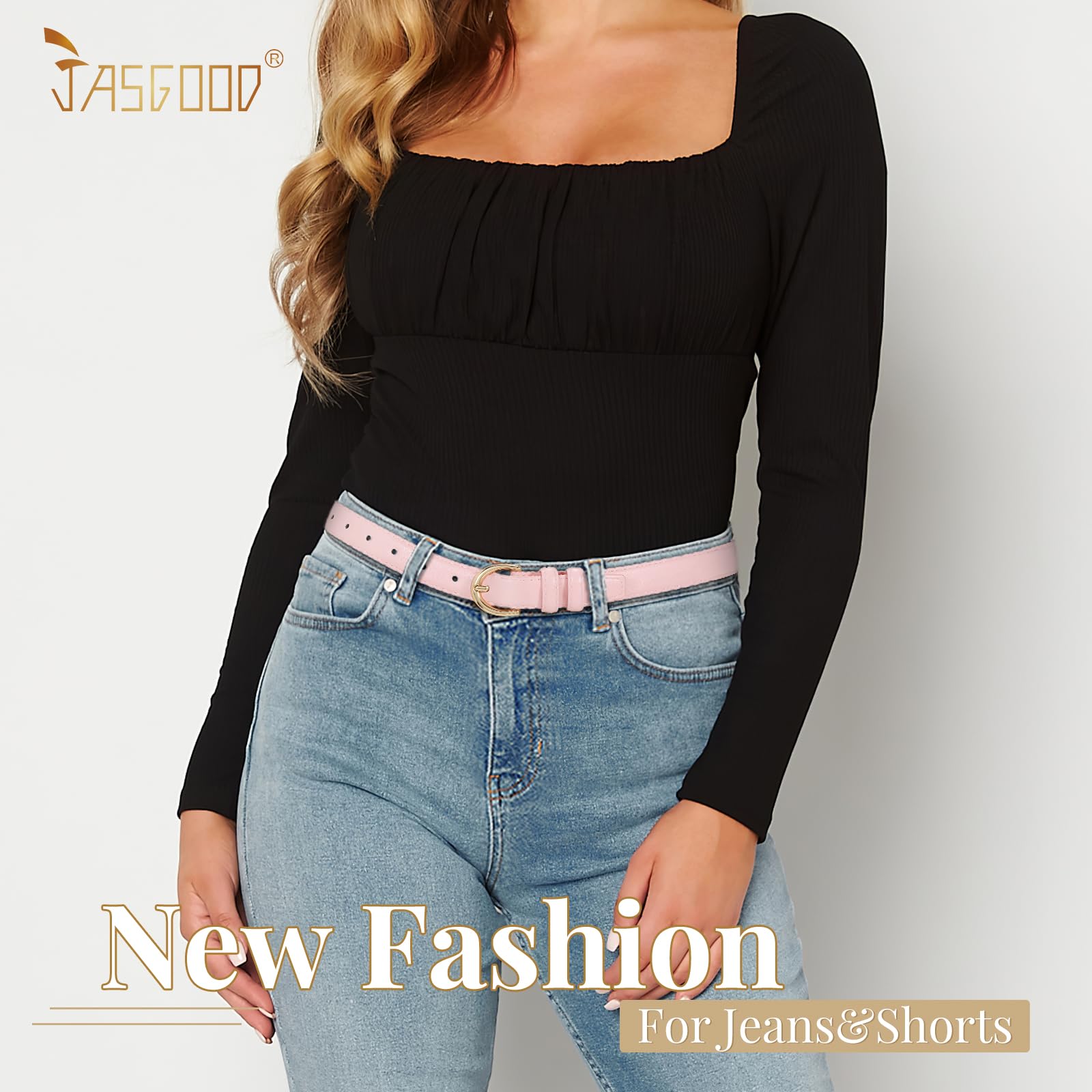 JASGOOD Women Leather Belt Fashion Dress Belt with Gold Buckle for Ladies Jeans Pants