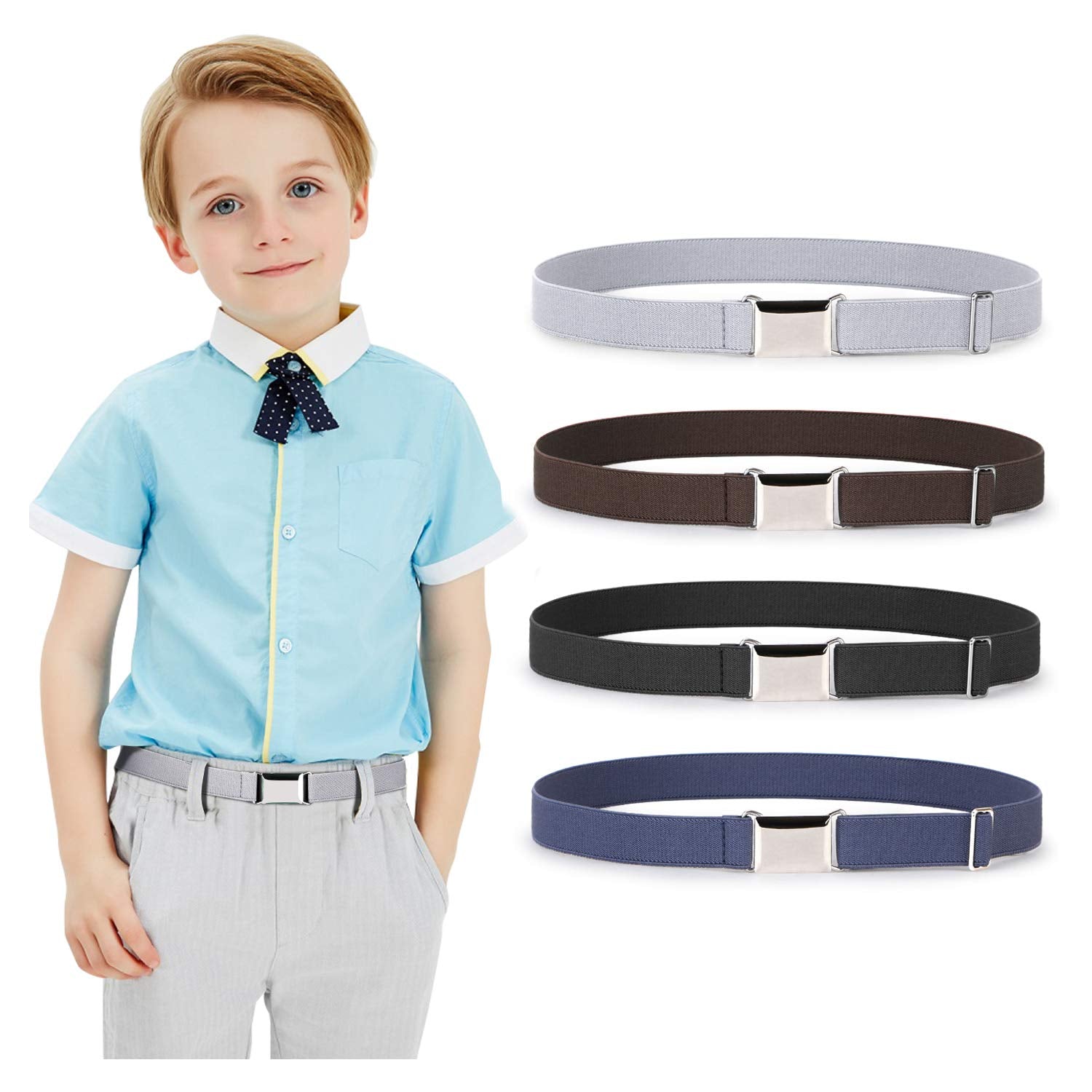 JASGOOD Kids Toddler Belt Elastic Stretch Adjustable Belt for Boys and Girls with Silver Square Buckle 2 Pack