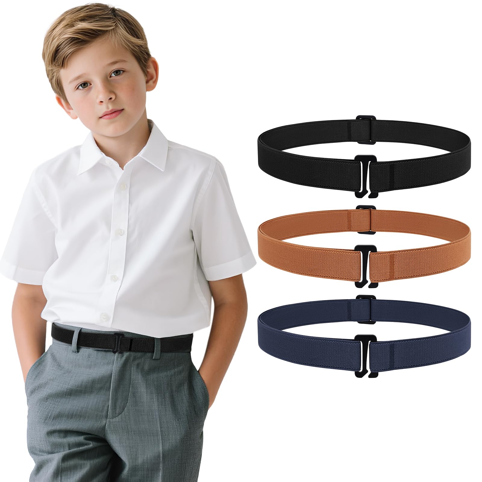 JASGOOD 3 Pack Kids No Show Stretch Belt for Boys Girls Jeans invisible Nickel Free Elastic Belt with Flat Buckle