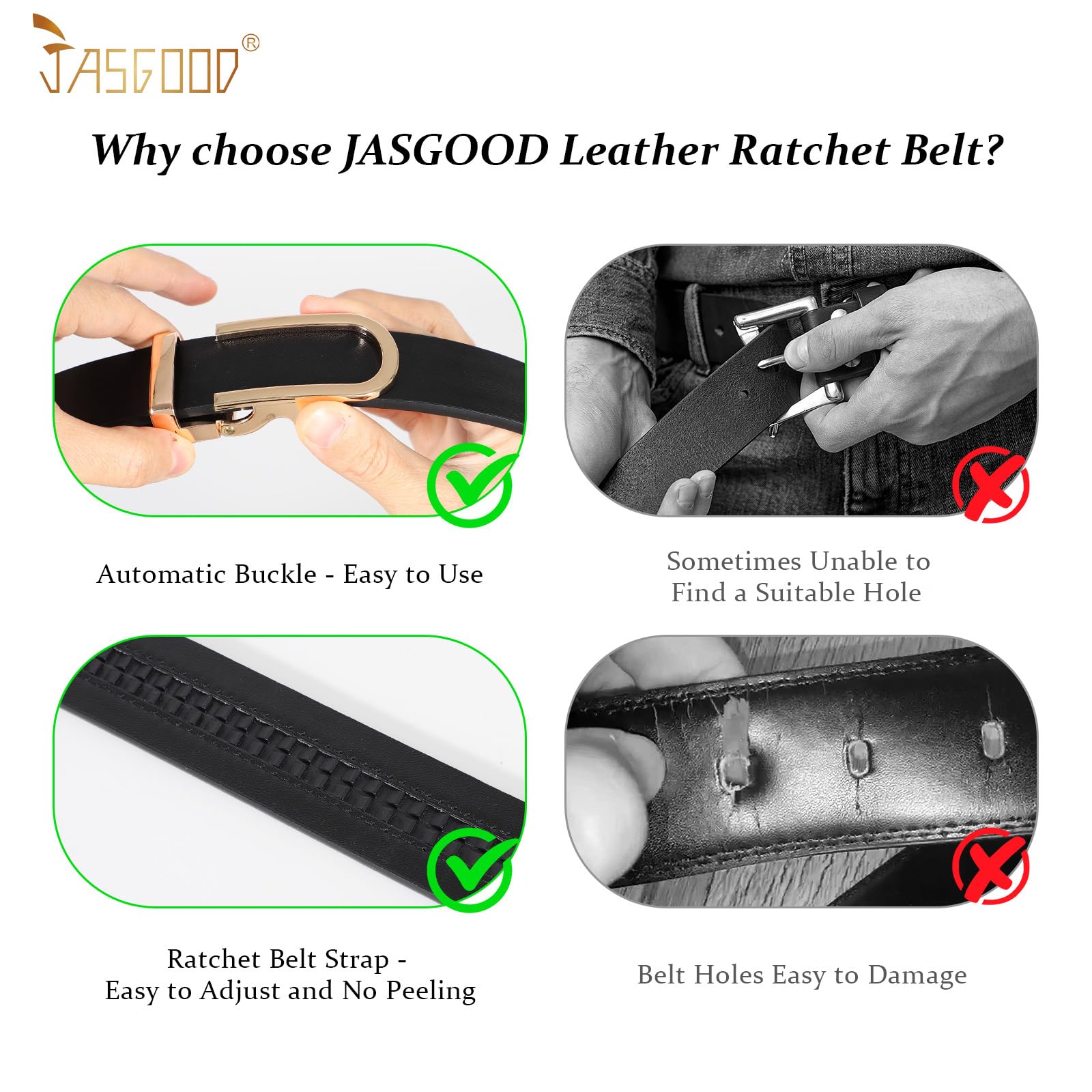 JASGOOD Women Leather Ratchet Belt for Jeans Pants Dresses Adjustable Belt with Automatic Sliding Buckle, Width 1.2" - JASGOOD OFFICIAL