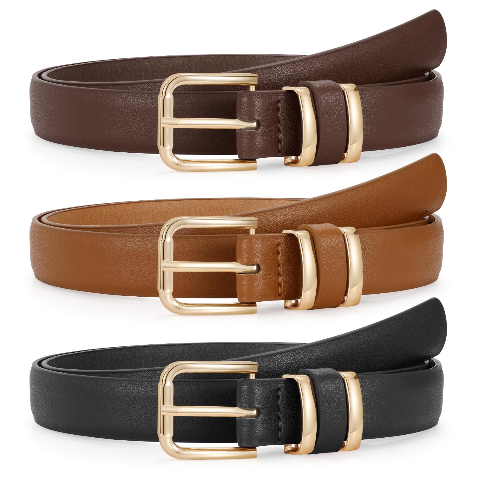 JASGOOD 3 Pack Women's Leather Belts for Jeans Dress Pants Trendy Belts with Gold Buckle