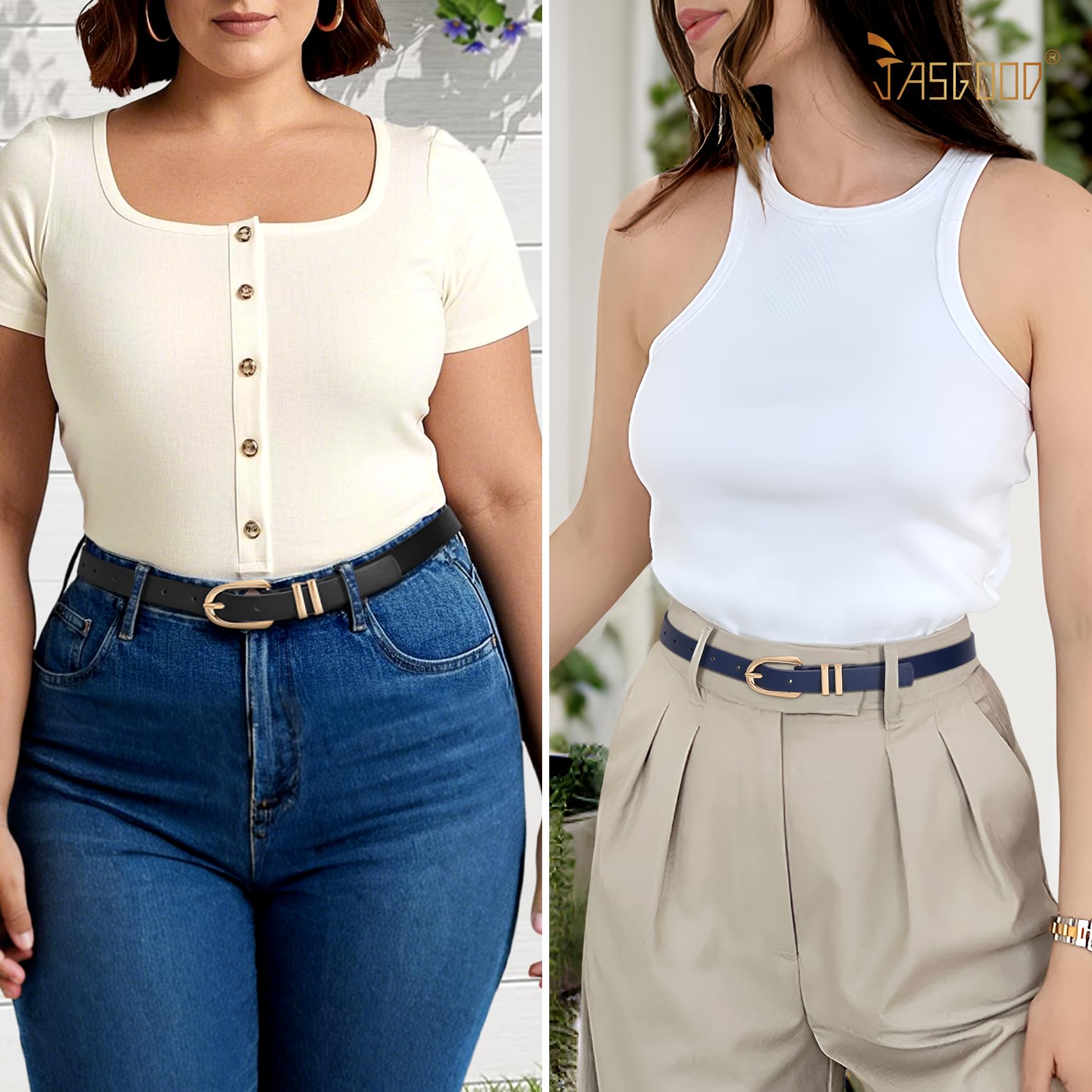 JASGOOD 2 Pack Women Skinny PU Leather Belt Ladies Thin Leather Plus Size Waist Belt for Jeans Dress with Gold Buckle
