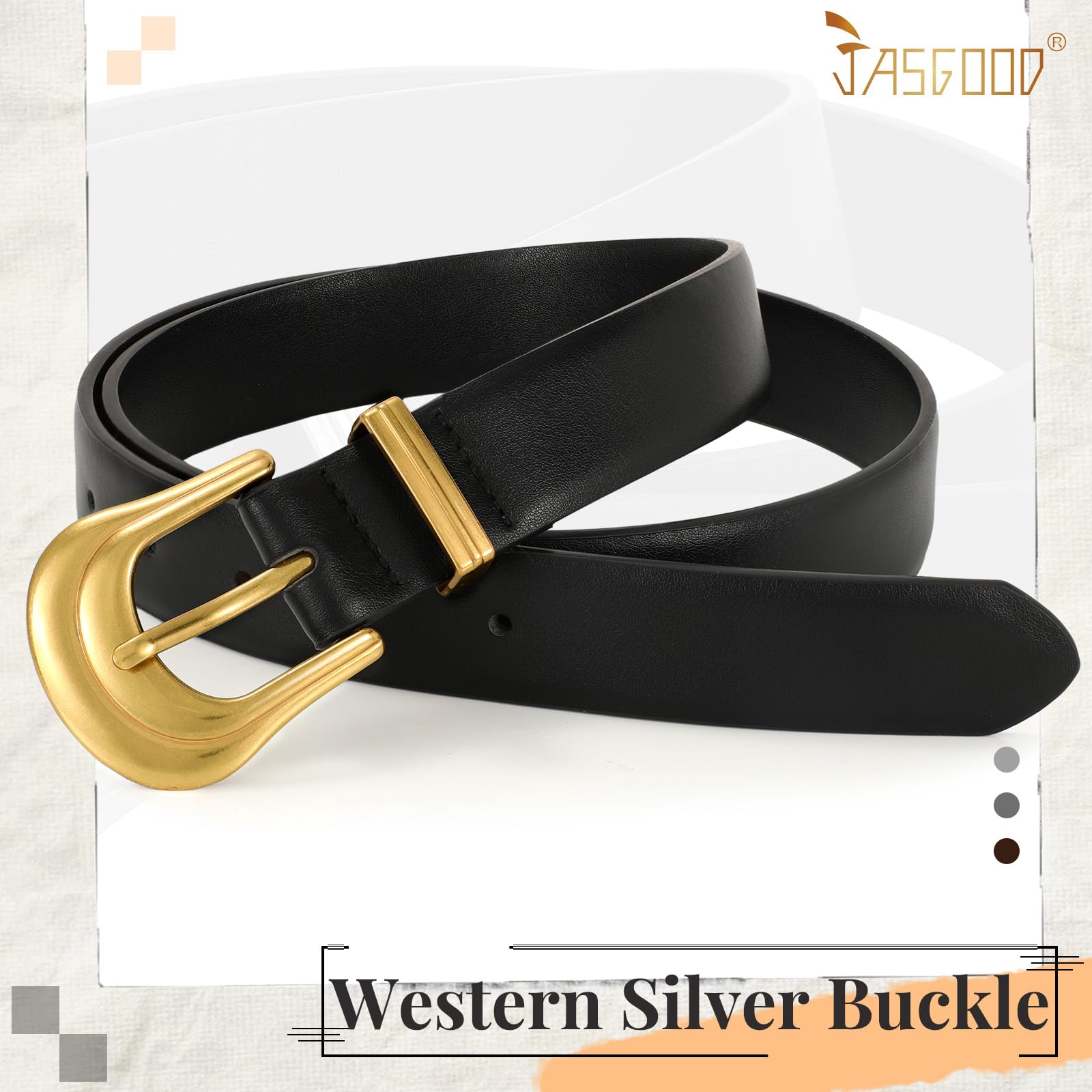 JASGOOD Women's Western Belt Vintage Black Leather Waist Belt for Pants Jeans with Gold Buckle