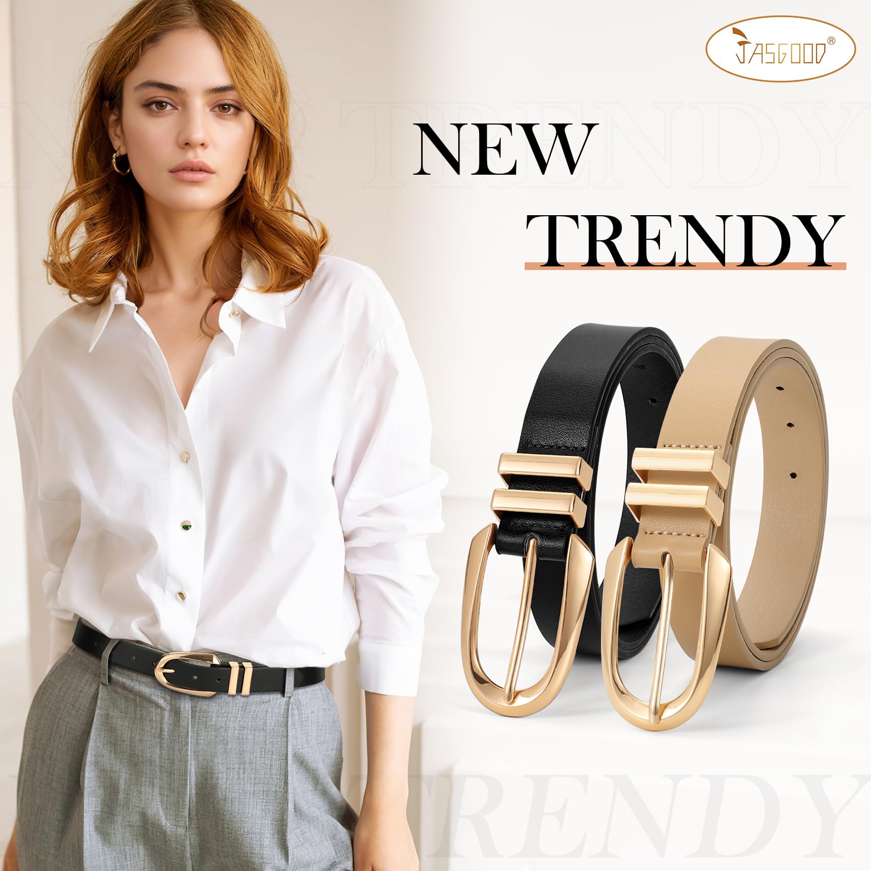 JASGOOD Women Leather Belt Fashion Waist Belt for Pants Jean Ladies Faux Leather Dress belt with Gold/Silver Buckle 2 Pack