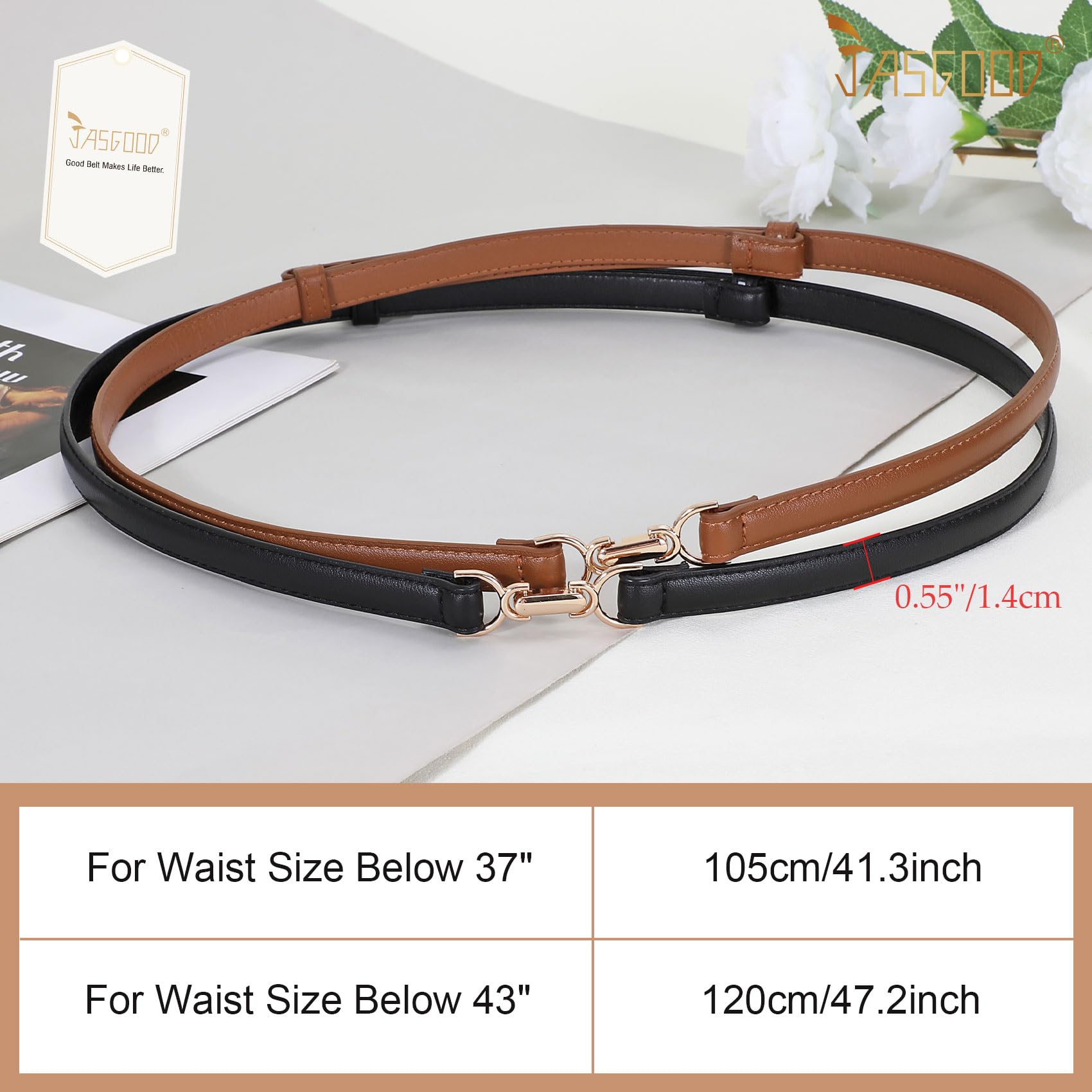 JASGOOD 2 Pack Women Skinny Faux Leather Belts Thin Waist Belts With Adjustable Gold Buckle for Dresses Jeans