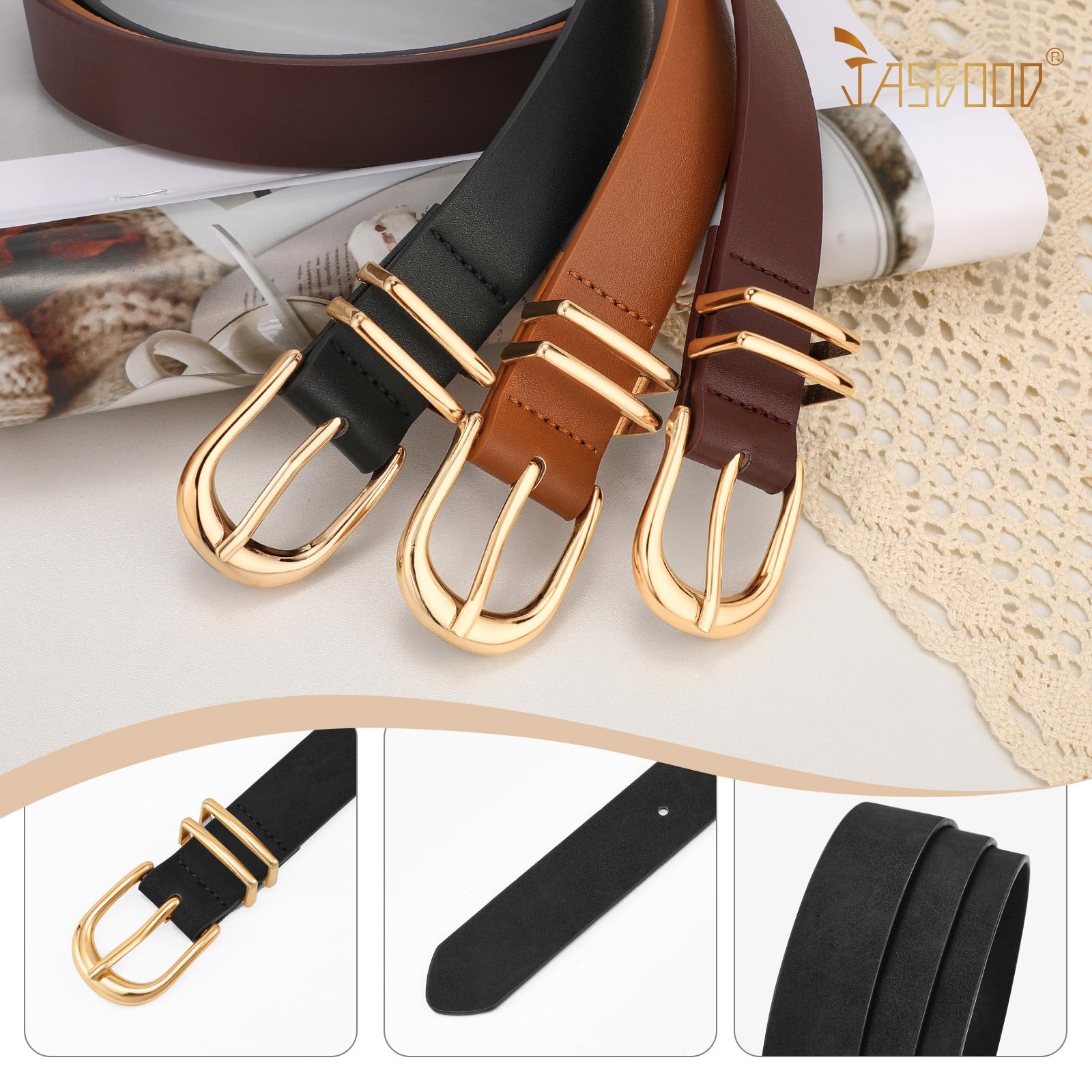JASGOOD 3 Pack Women Leather Belts For Jeans Dresses Pants Ladies Faux Leather Waist Belt with Gold Buckle - JASGOOD OFFICIAL