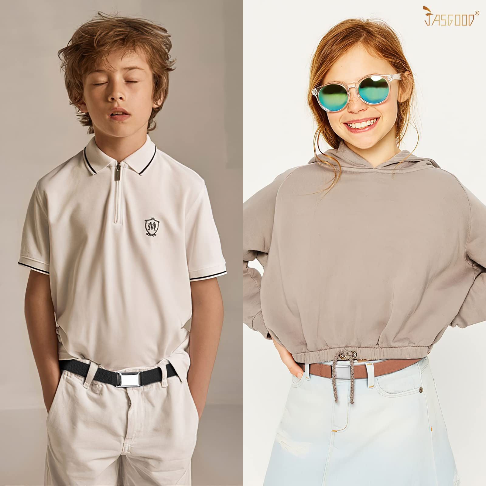 JASGOOD Kids Toddler Belt Elastic Stretch Adjustable Belt for Boys and Girls with Silver Square Buckle 2 Pack