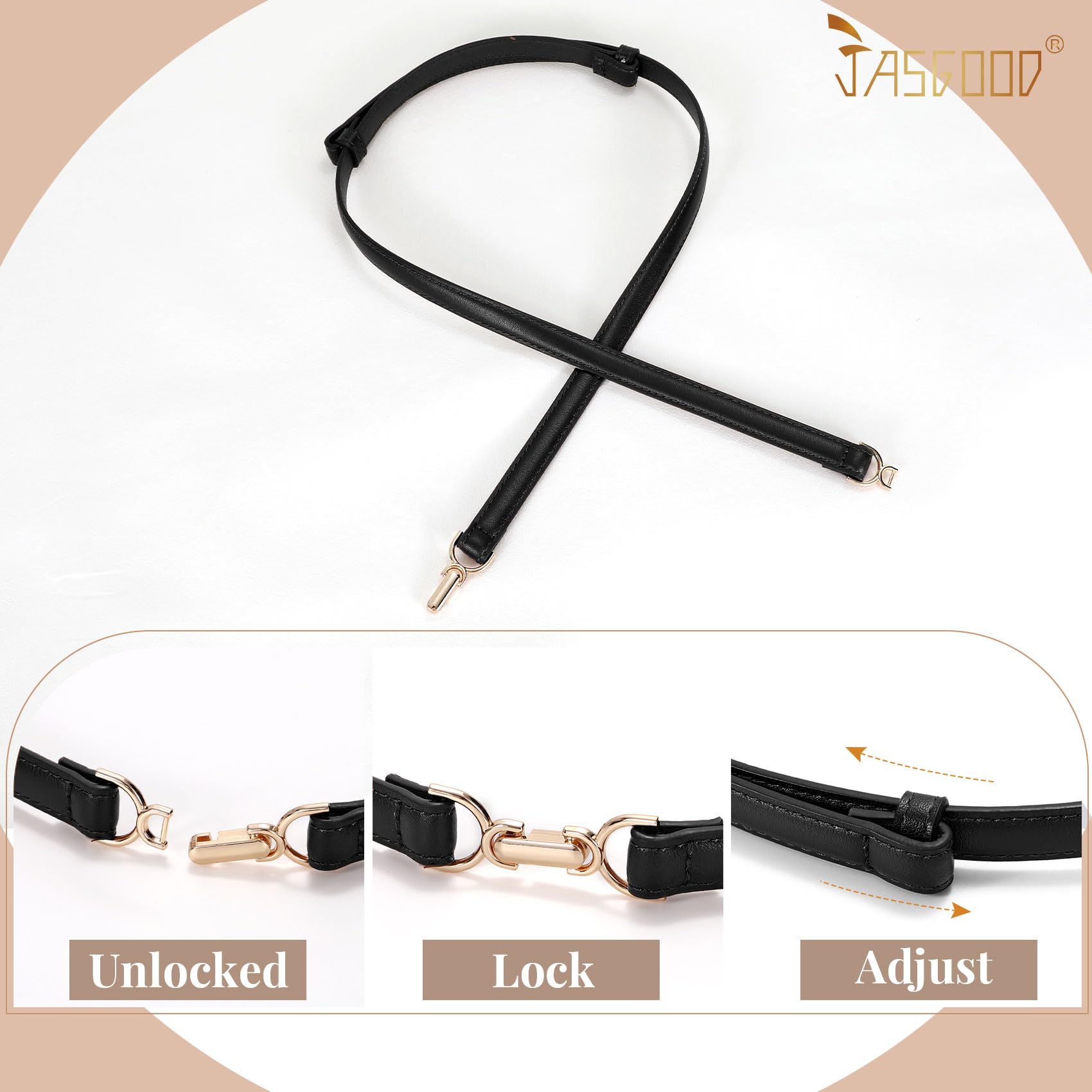 JASGOOD 2 Pack Women Skinny Faux Leather Belts Thin Waist Belts With Adjustable Gold Buckle for Dresses Jeans
