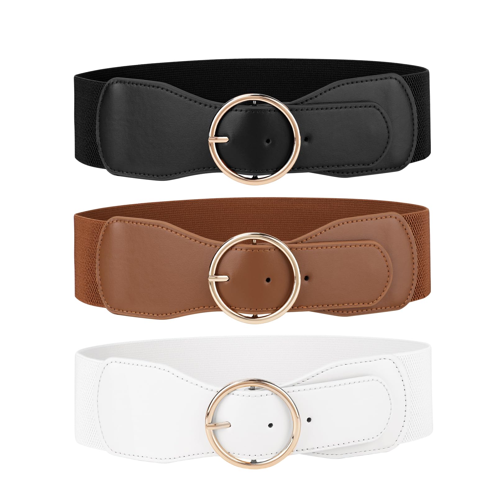 JASGOOD 3 Pack Women Wide Elastic Waist Belt for Dress Ladies Stretch Belt with Gold Round Buckle - JASGOOD OFFICIAL