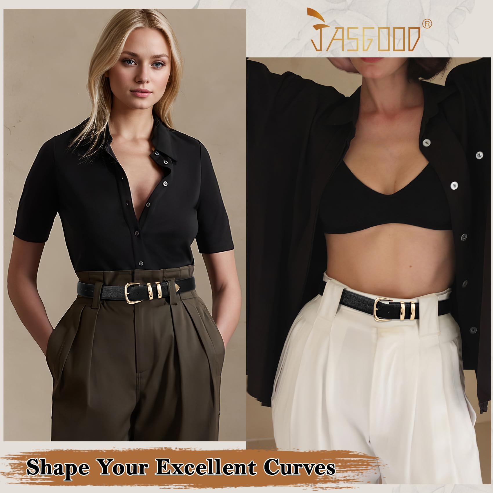 JASGOOD Women's Leather Belts Fashion Leather Waist Belt with Gold Buckle Elegant Ladies Belts for Jeans Dress