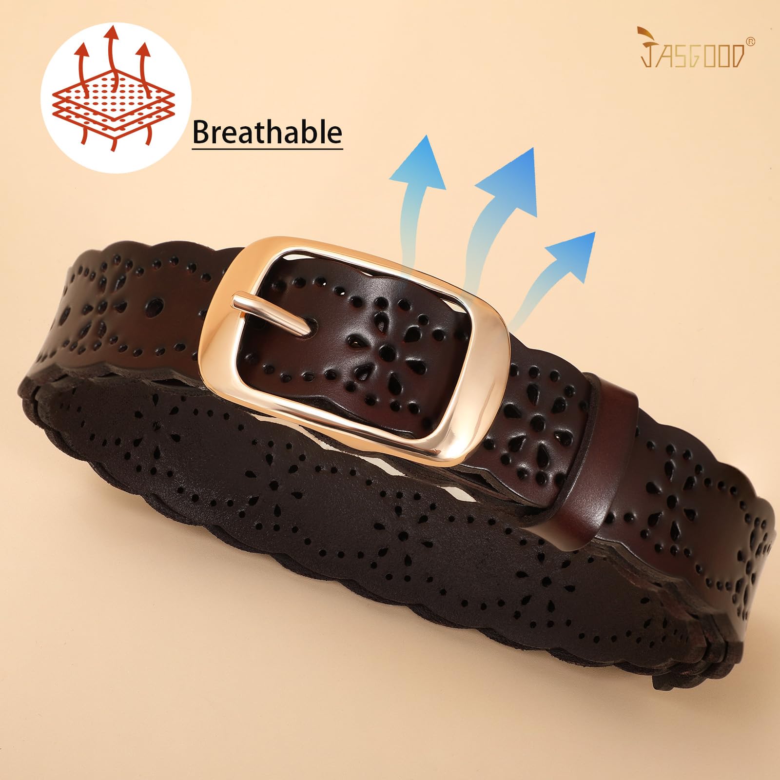 JASGOOD Leather Belt for Women Hollow Flower Leather Belt for Jeans Pants Fashion Waist Belt with Gold Buckle