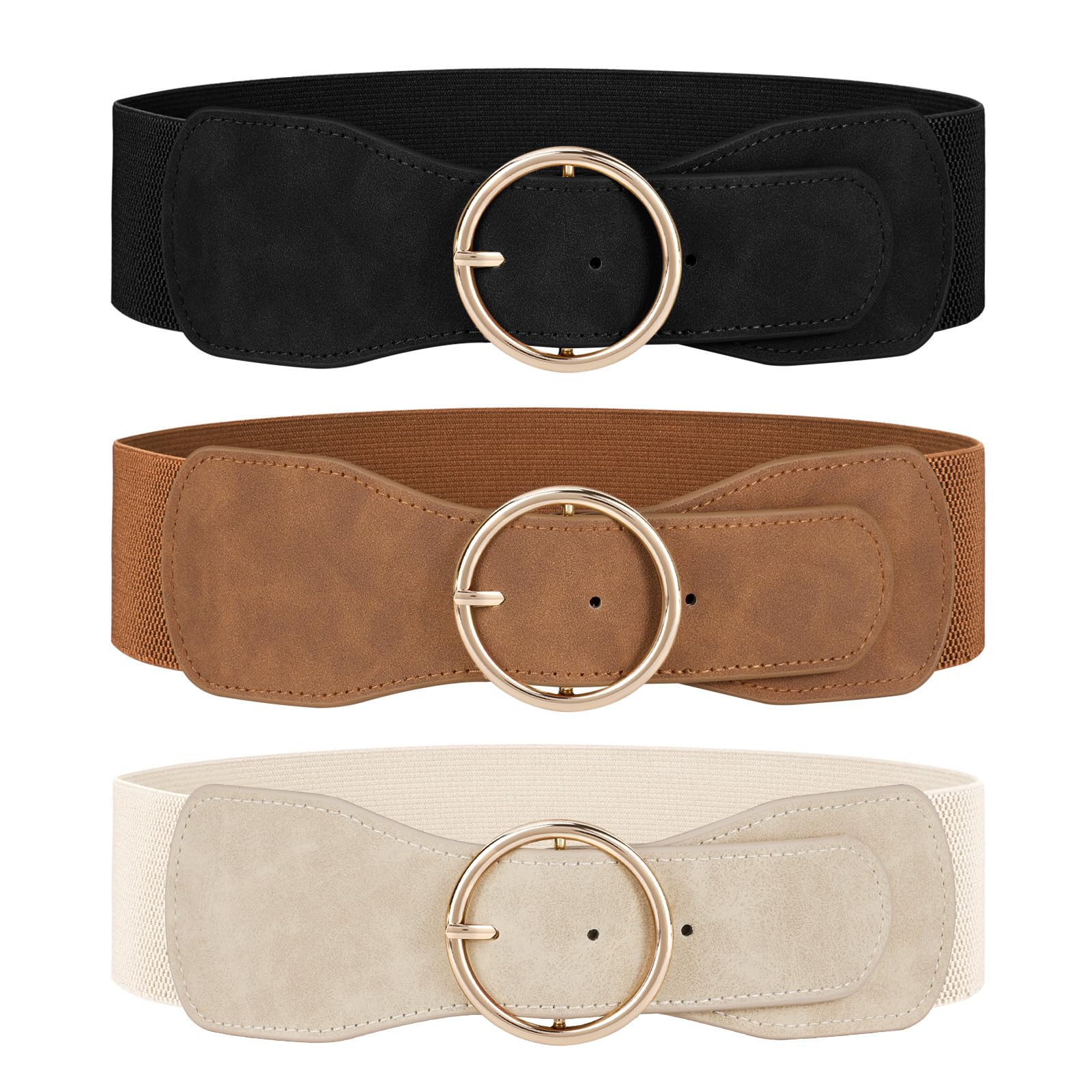 JASGOOD 3 Pack Women Wide Elastic Waist Belt for Dress Ladies Stretch Belt with Gold Round Buckle - JASGOOD OFFICIAL
