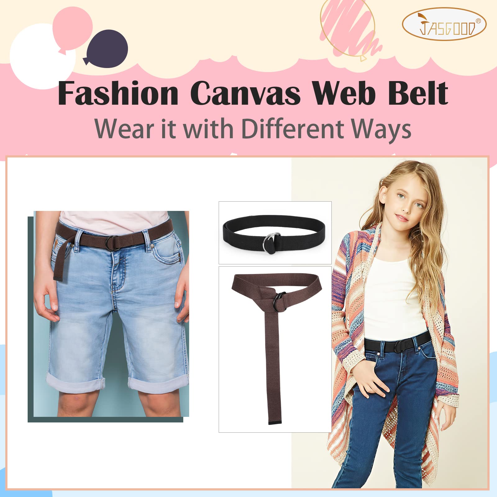 JASGOOD Boy's Canvas Belt Kids Football Belt with Double D-ring Buckle