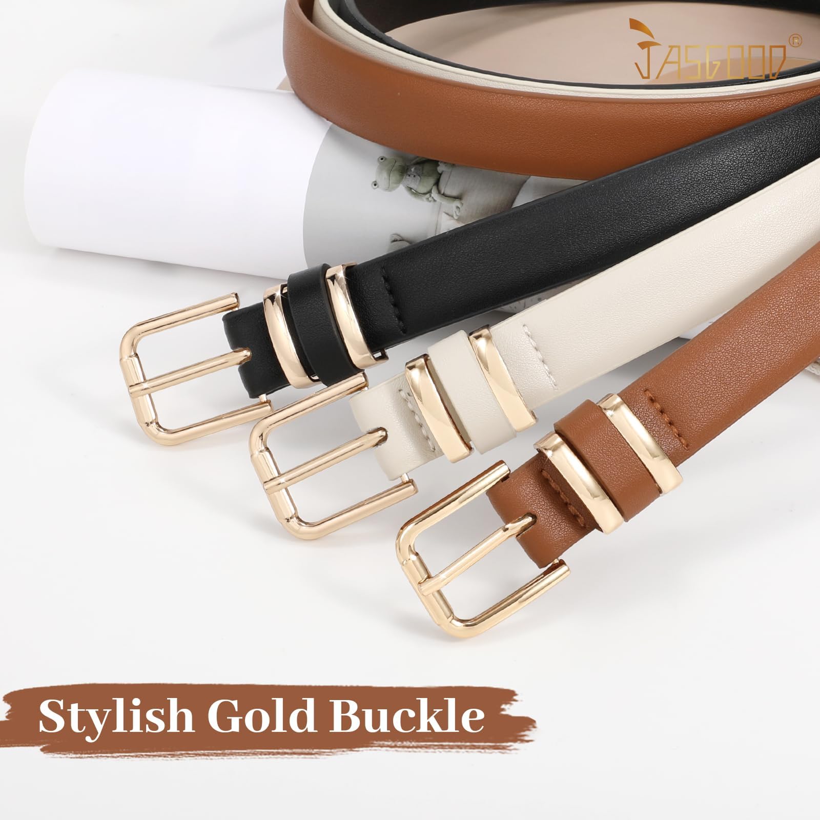 JASGOOD 3 Pack Belts for Women Belt for Jeans Pants Dress Ladies Leather Fashion Waist Thin Belts with Gold Buckle