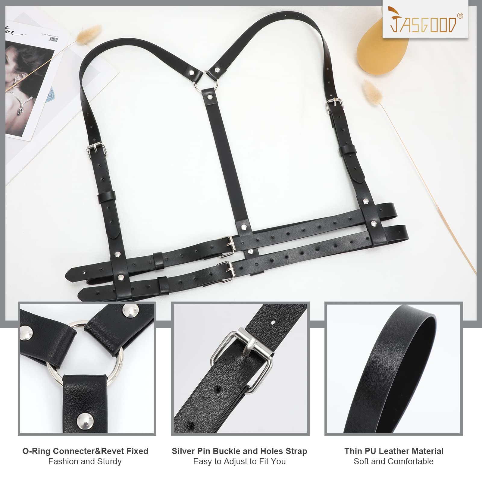 JASGOOD Punk Waist Belt Women PU Leather Skinny Body Adjustable Belts with Gothic Circle for Party