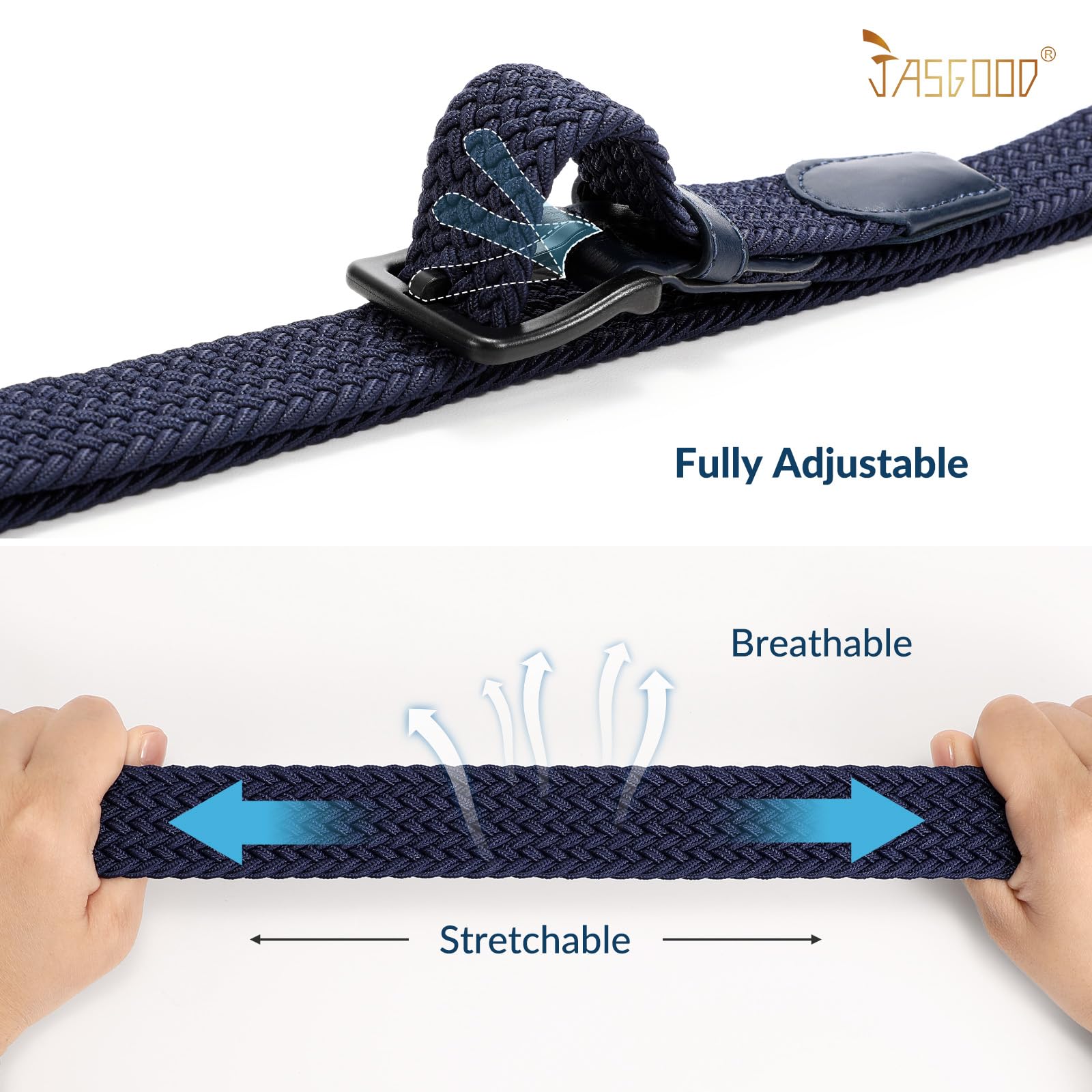 JASGOOD Elastic Braided Belt Men Stretch Golf Woven Casual Jeans Pants Canvas Fabric Tsa Approved Metal Free Belt