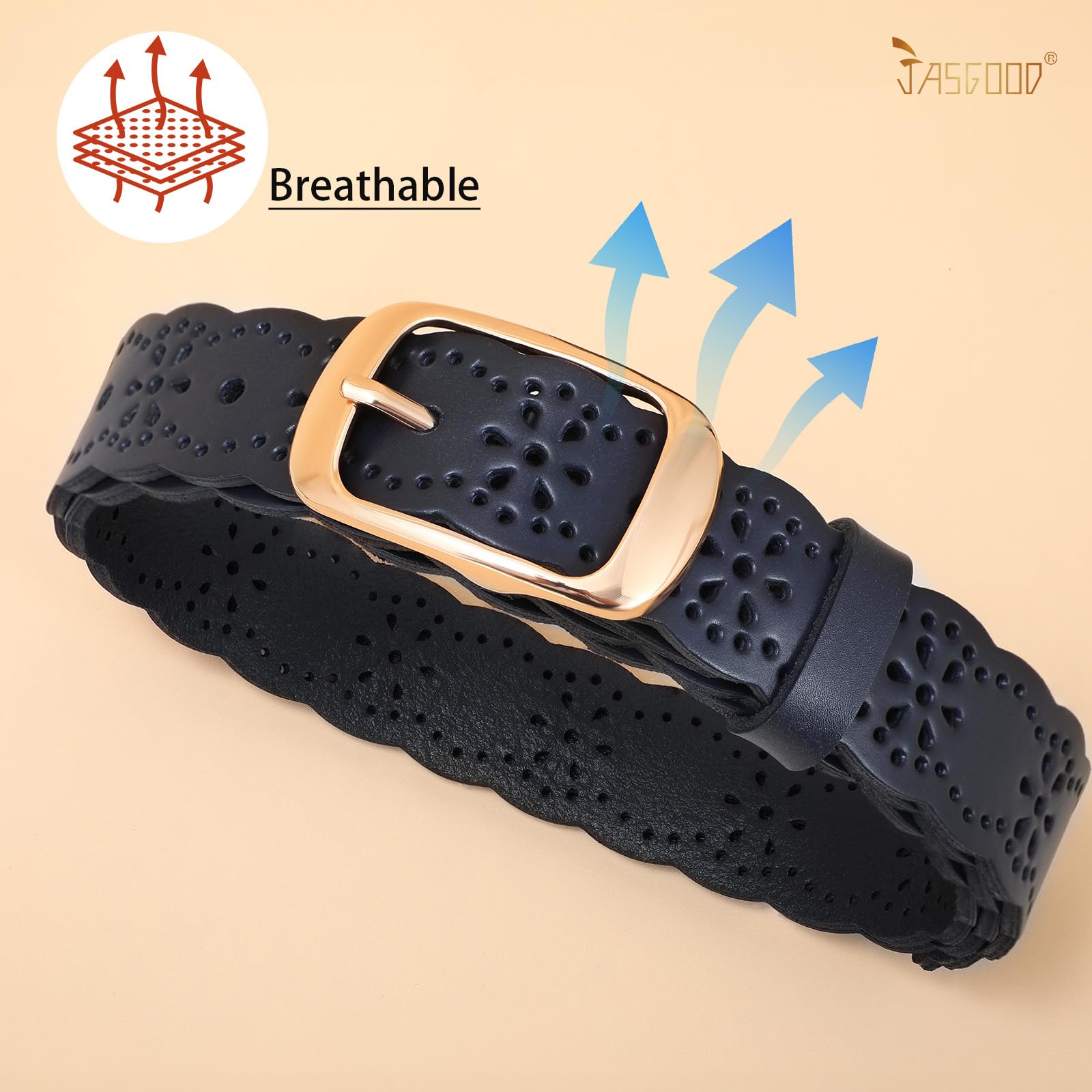 JASGOOD Leather Belt for Women Hollow Flower Leather Belt for Jeans Pants Fashion Waist Belt with Gold Buckle