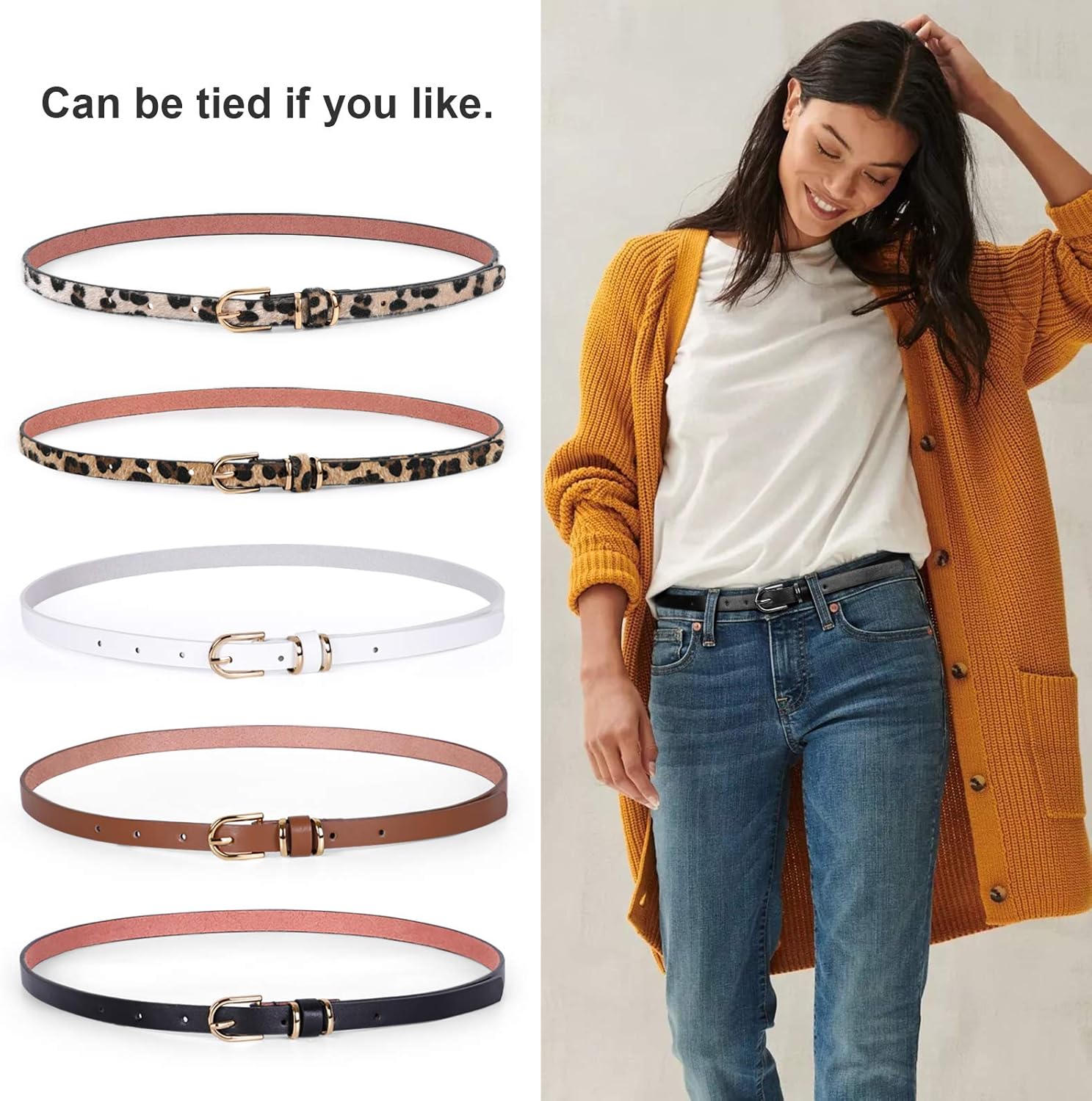 JASGOOD 5 Pack Women Skinny Faux Leather Leopard Jeans Belt Ladies Slim Waist Belt for Dress with Gold Buckle