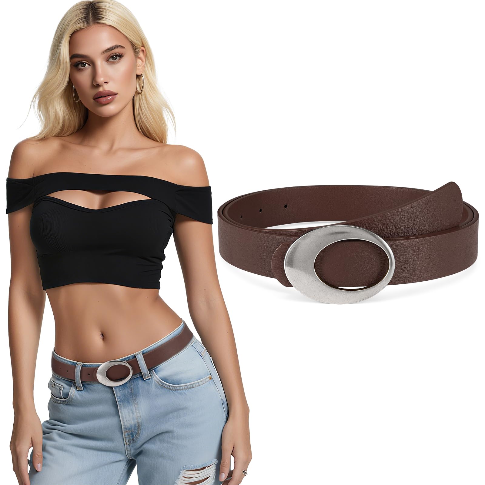 JASGOOD Women Leather Belt with Timeless Oval Silver Buckle Trendy PU Leather Waist Belt for Ladies Jeans Dress Pants