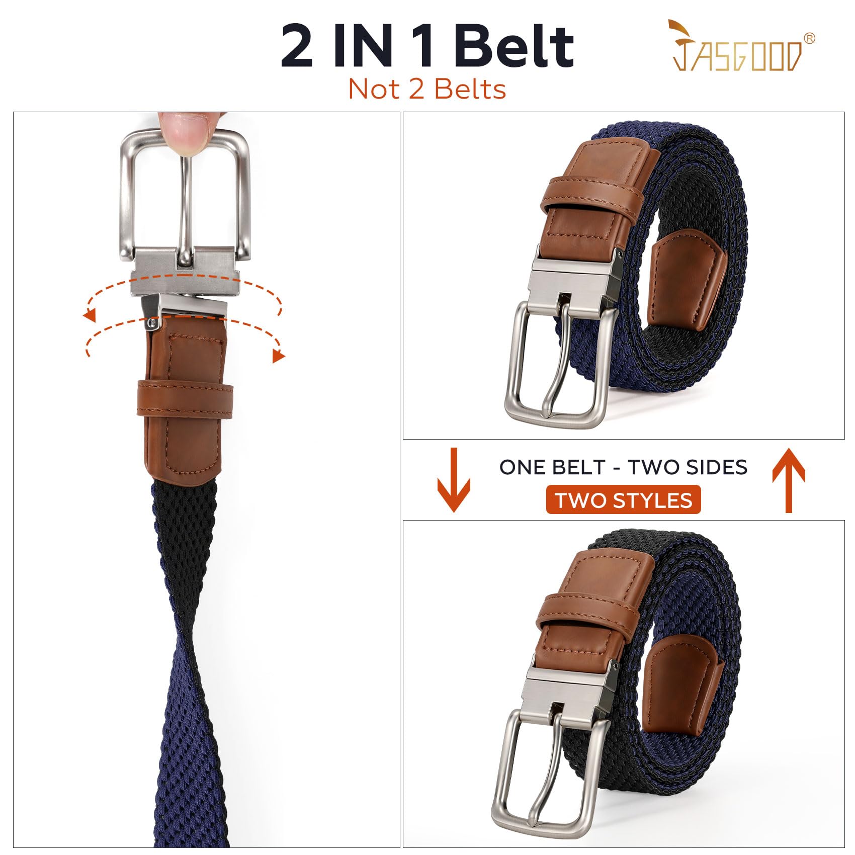 JASGOOD Reversible Elastic Braided Belt for Men, 1.34" Casual Woven Stretch Golf Belt for Jeans Shorts Pants