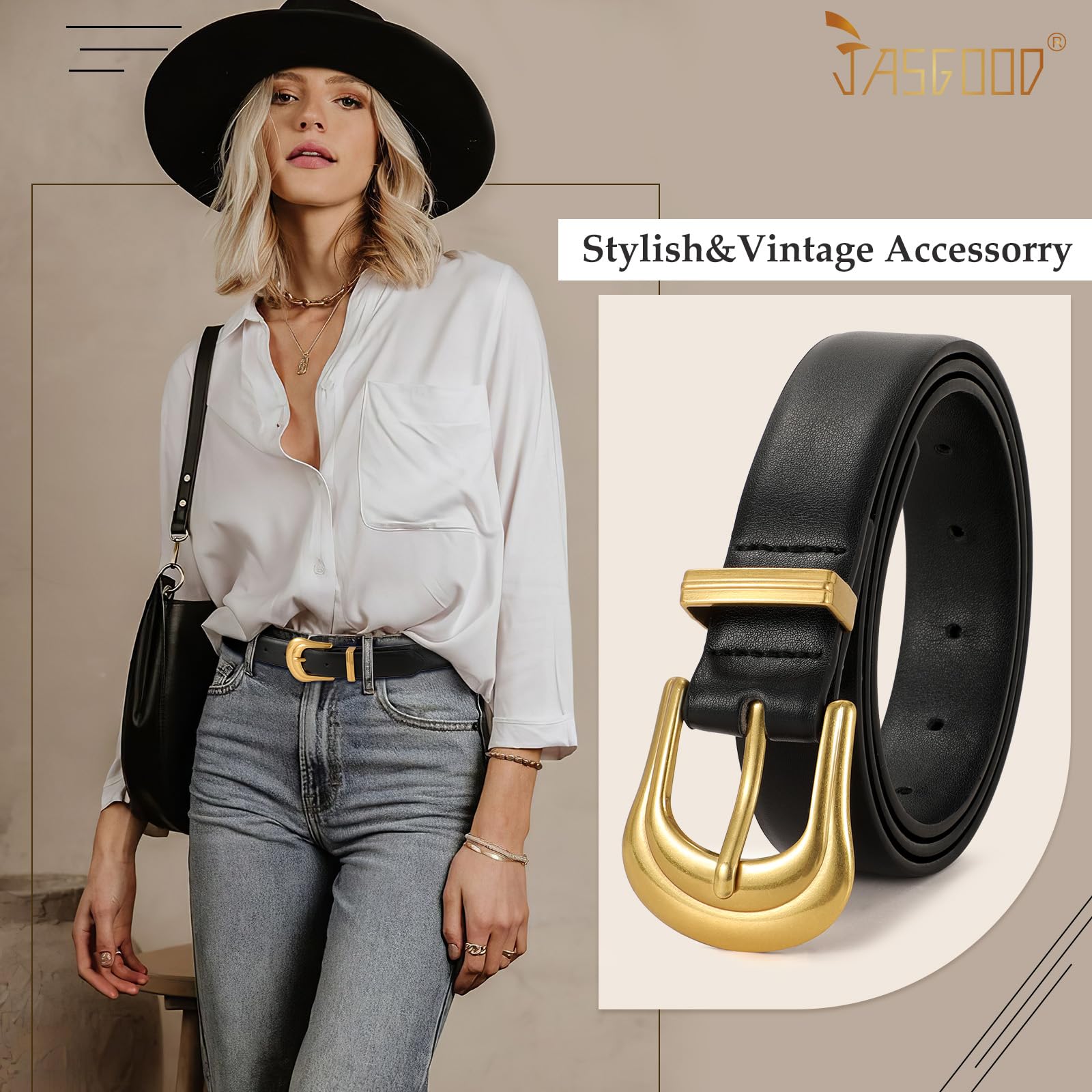 JASGOOD Women's Western Belt Vintage Black Leather Waist Belt for Pants Jeans with Gold Buckle