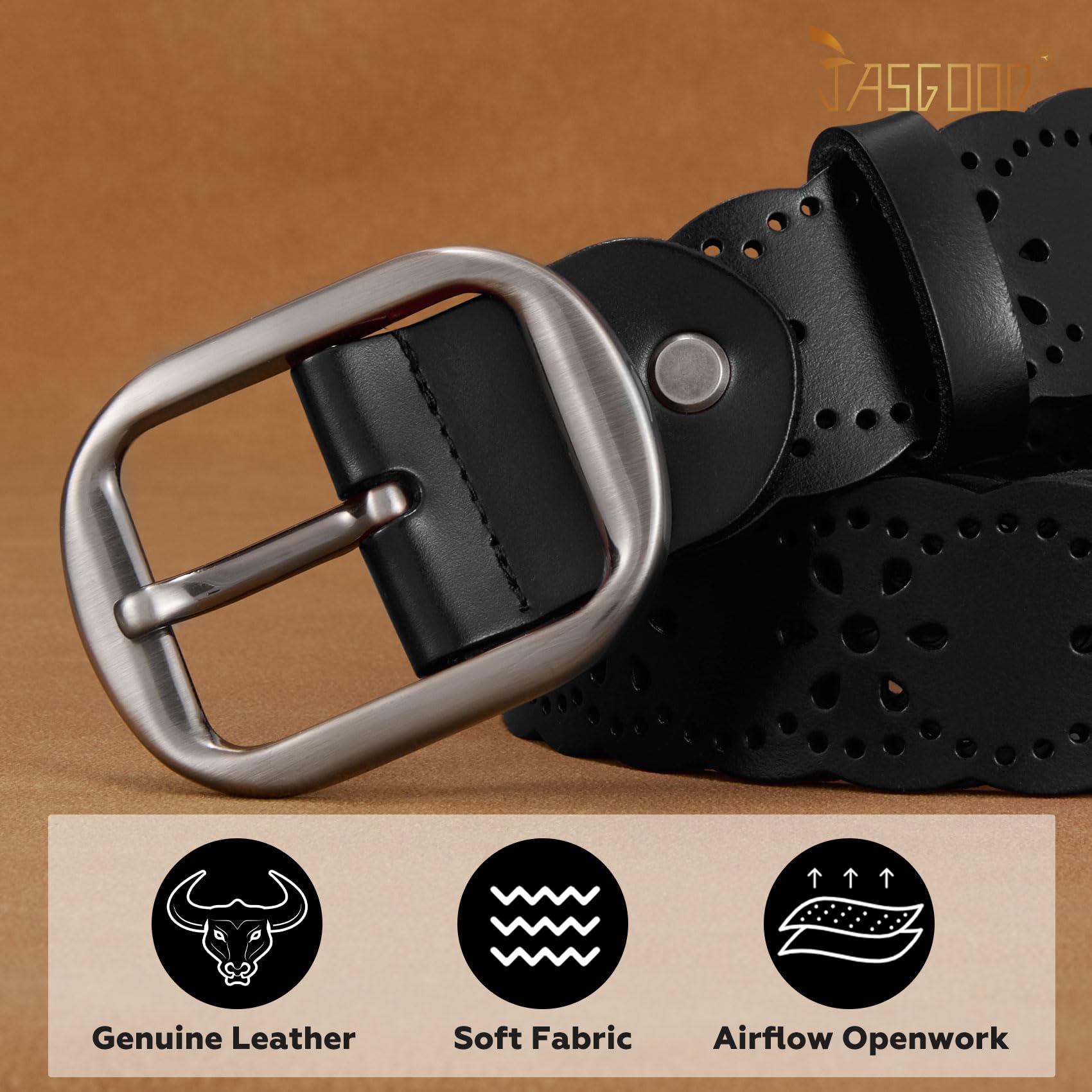 JASGOOD Women's Hollow Flower Genuine Leather Belt for Jeans Pants Wide Belt for Ladies - JASGOOD OFFICIAL