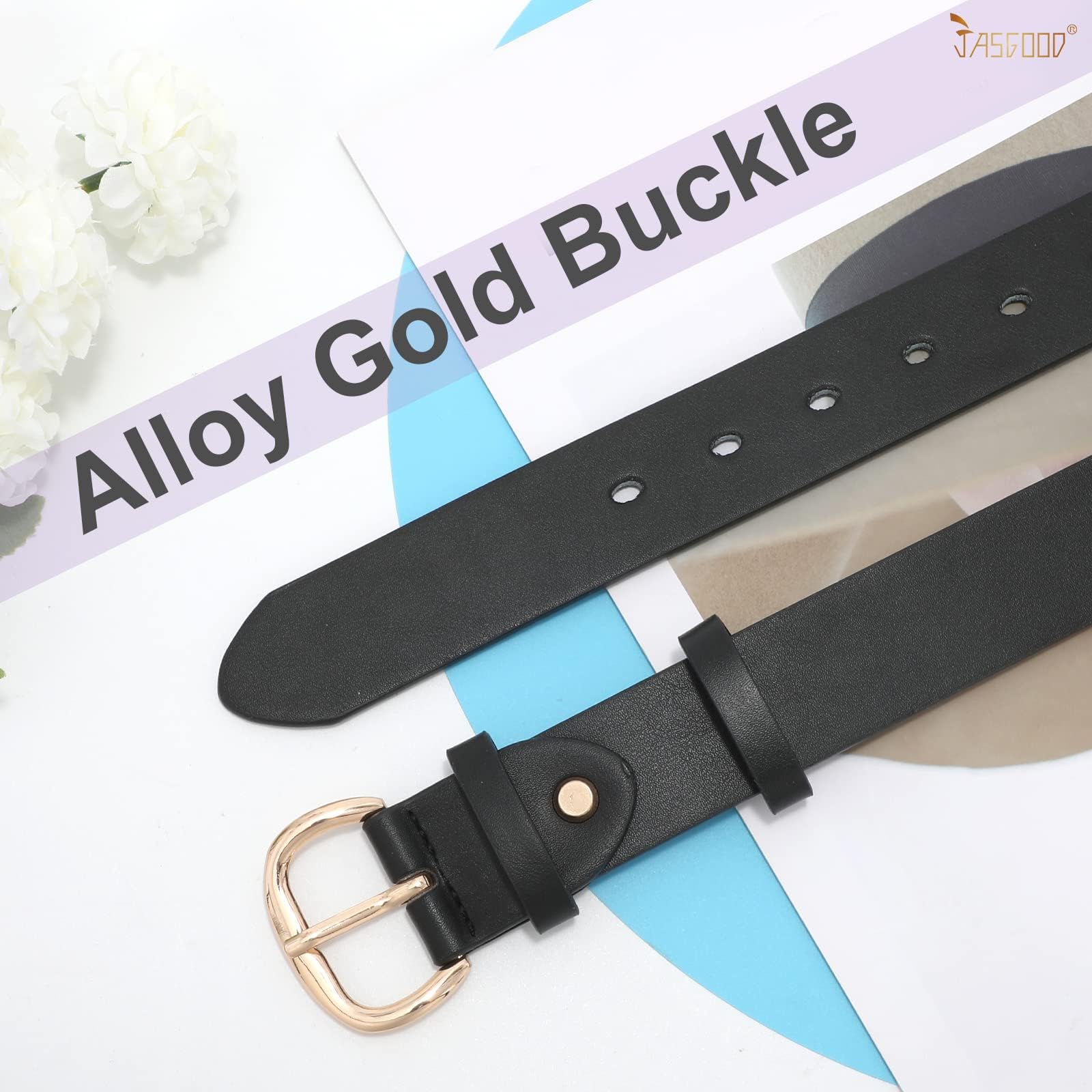 JASGOOD 3 Pack Women Leather Belt for Jeans Pants Gold Buckle Casual Waist Dresses Belt for Ladies