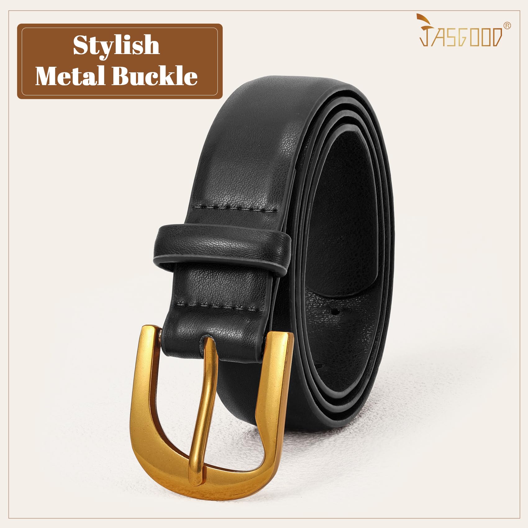 JASGOOD Women Leather Belts Plus Size Faux Leather Belt for Jeans Pants Fashion Ladies Waist Belt with Gold Buckle