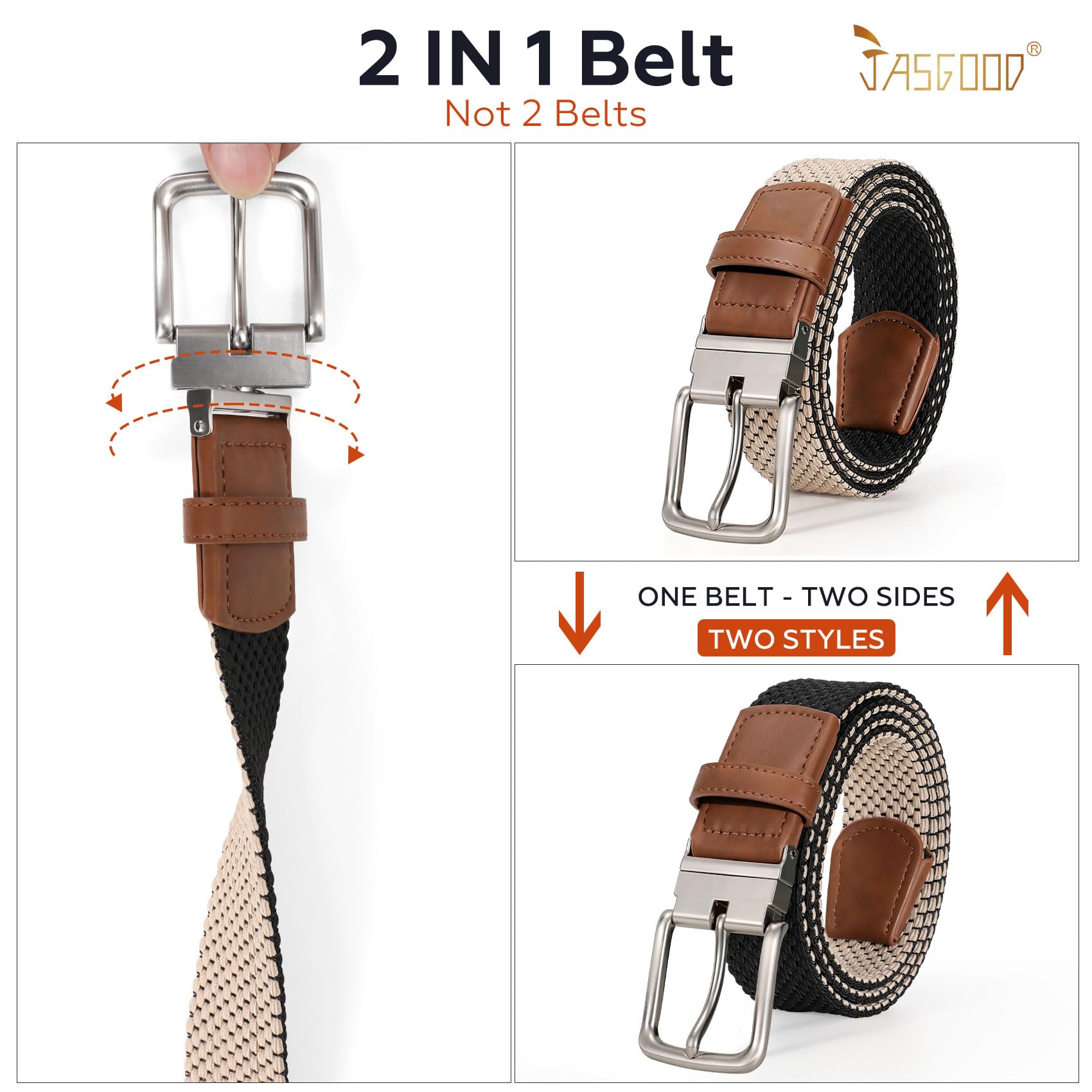 JASGOOD Reversible Elastic Braided Belt for Men, 1.34" Casual Woven Stretch Golf Belt for Jeans Shorts Pants