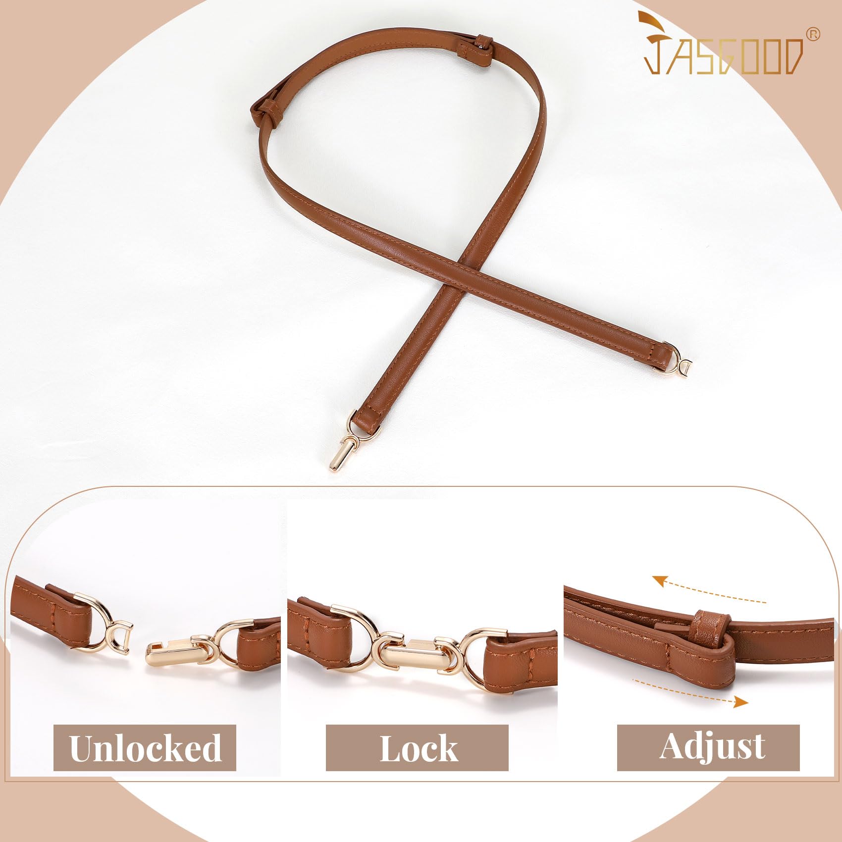 JASGOOD 2 Pack Women Skinny Faux Leather Belts Thin Waist Belts With Adjustable Gold Buckle for Dresses Jeans