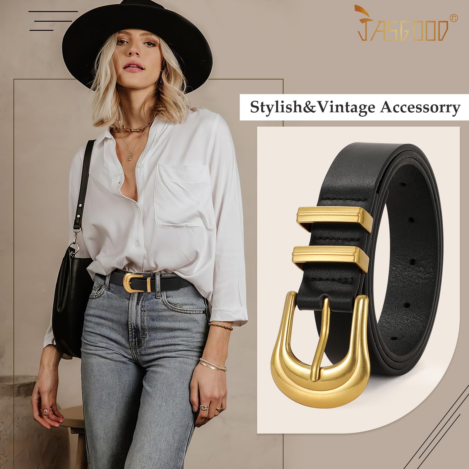 JASGOOD Women's Western Belt Vintage Black Leather Waist Belt for Pants Jeans with Gold Buckle