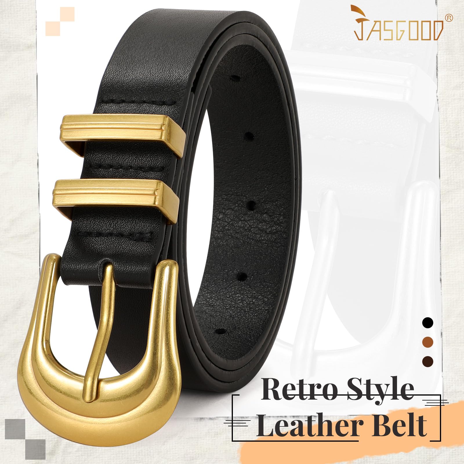 JASGOOD Women's Western Belt Vintage Black Leather Waist Belt for Pants Jeans with Gold Buckle