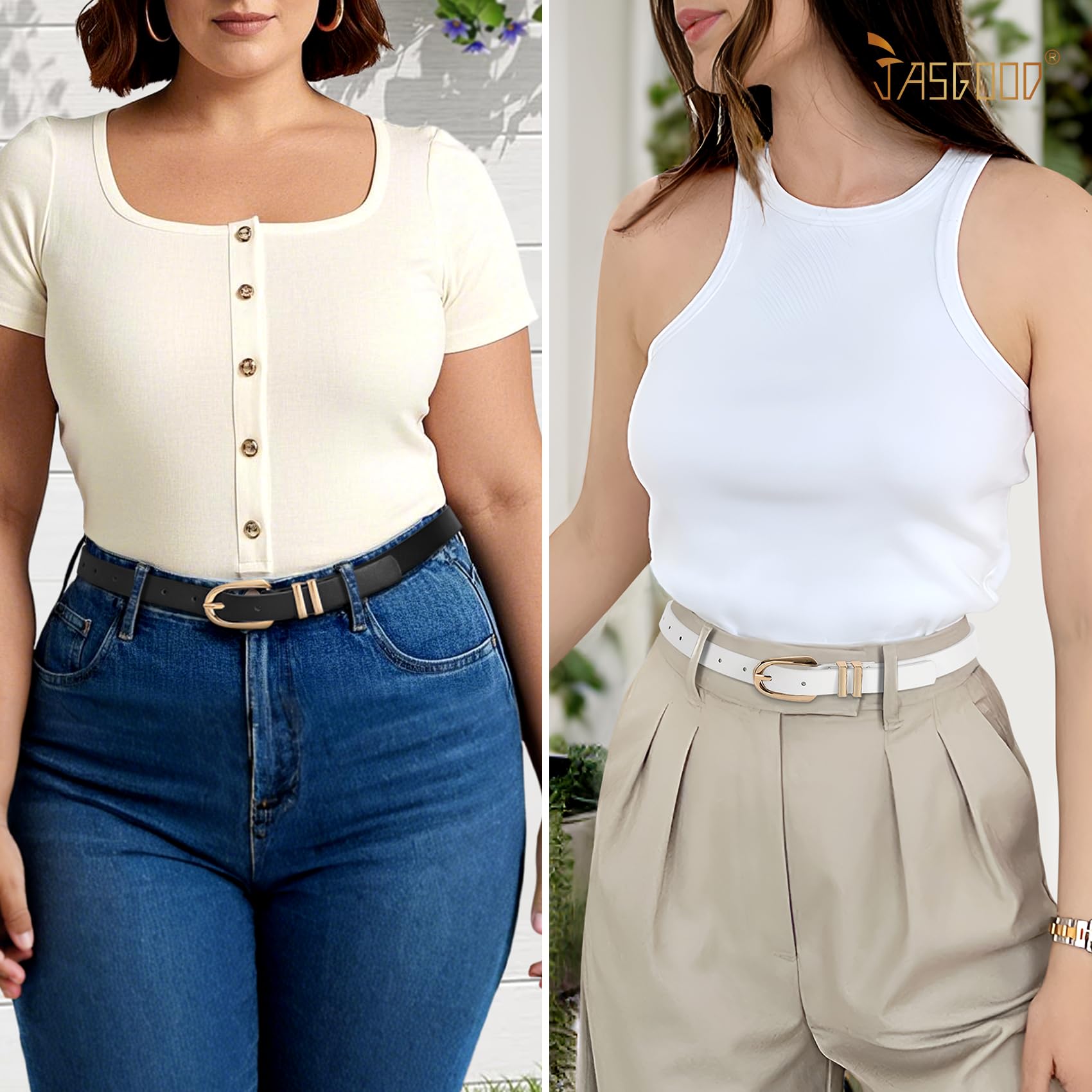 JASGOOD 2 Pack Women Skinny PU Leather Belt Ladies Thin Leather Plus Size Waist Belt for Jeans Dress with Gold Buckle