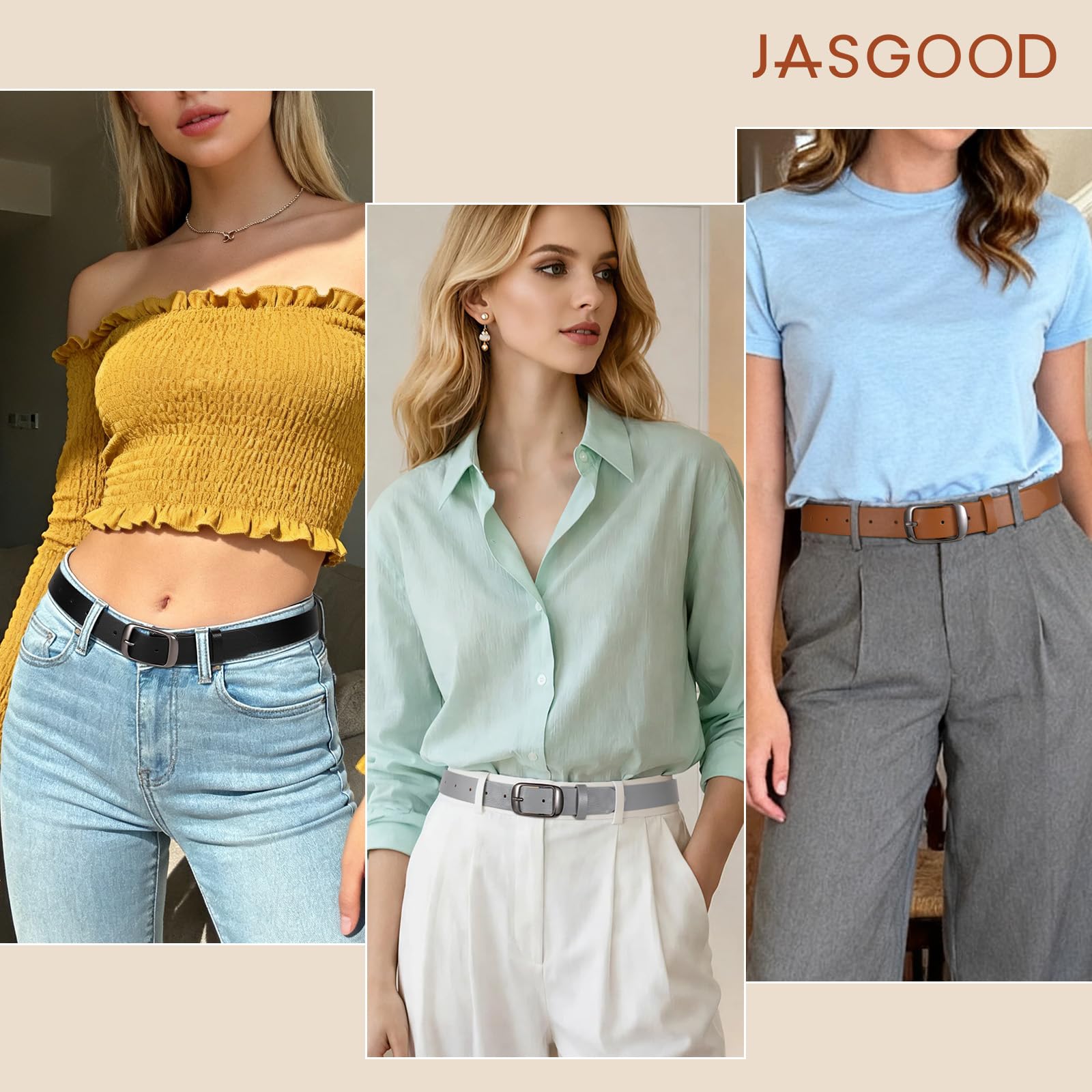 JASGOOD 3 PACK Women Belts for Jeans Pants Fashion Ladies Leather Waist Belt with Gold Buckle - JASGOOD OFFICIAL