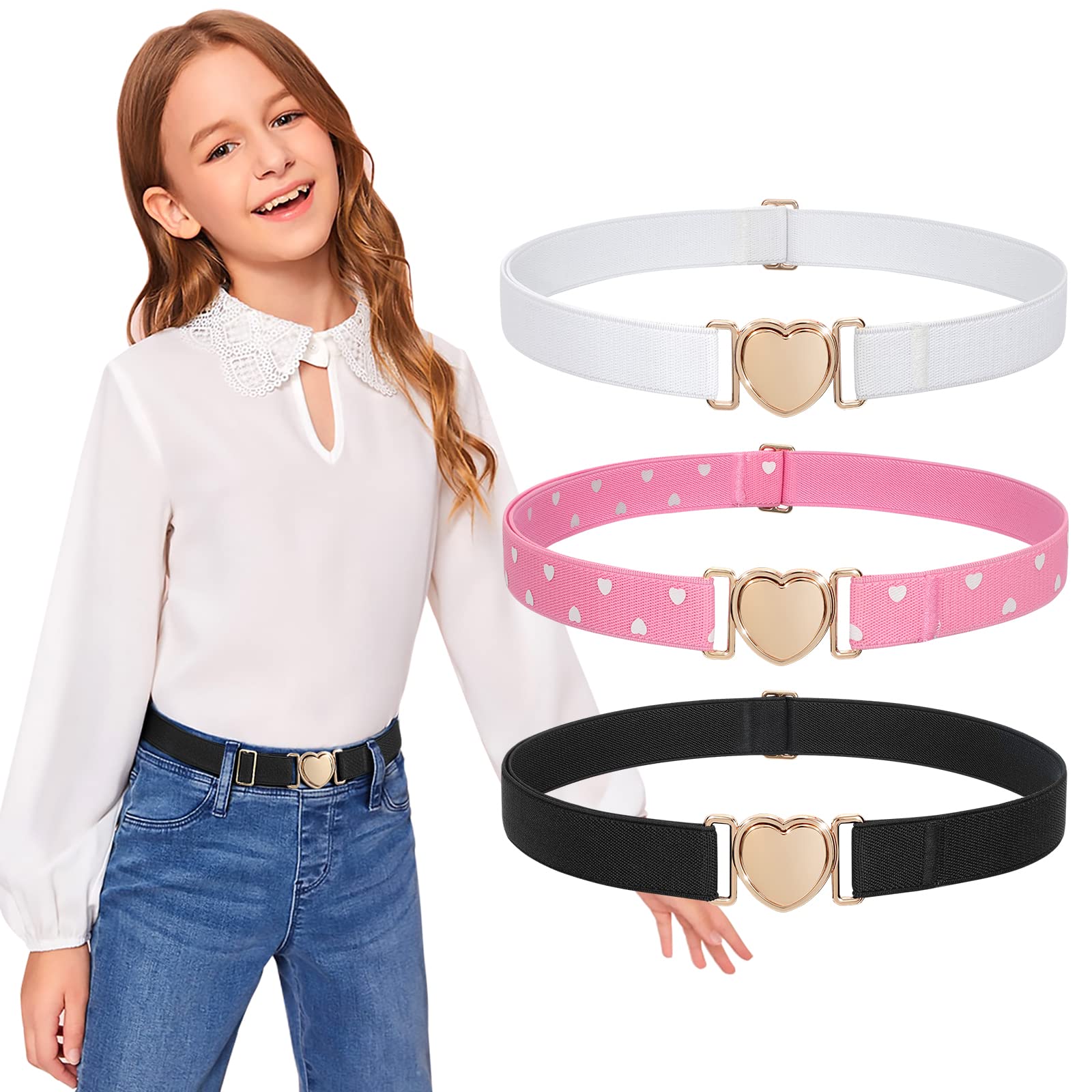 JASGOOD Elastic Belts for Toddler Kids Adjustable Boys Girls Teens Stretch Belts with Heart Buckle for Back to School