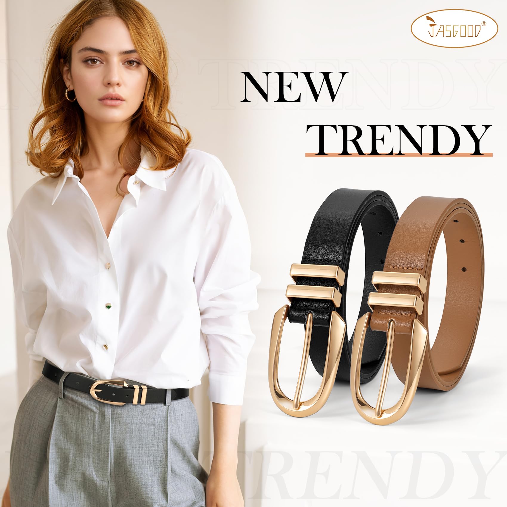 JASGOOD Women Leather Belt Fashion Waist Belt for Pants Jean Ladies Faux Leather Dress belt with Gold/Silver Buckle 2 Pack