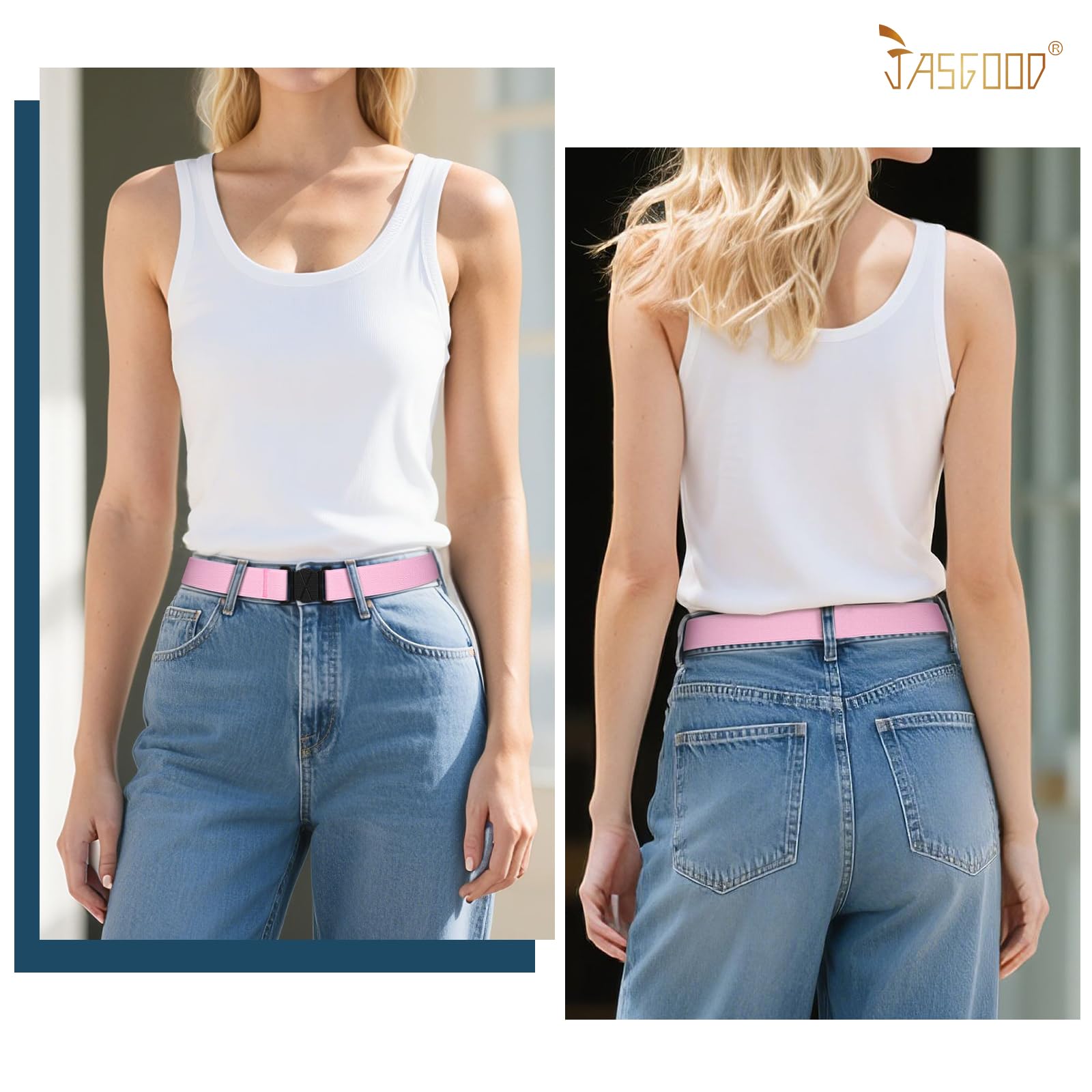 JASGOOD Women No Show Stretch Belt Flat Buckle Elastic Web Belt for Jeans Pants Dresses