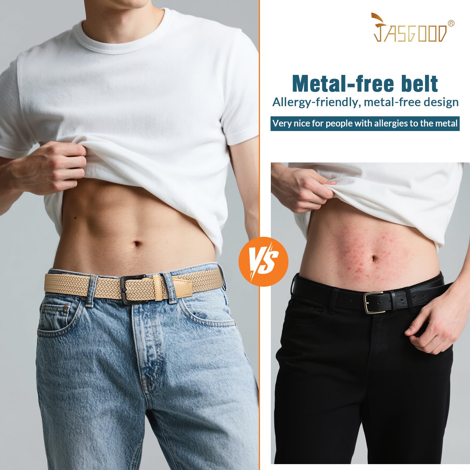 JASGOOD Elastic Braided Belt Men Stretch Golf Woven Casual Jeans Pants Canvas Fabric Tsa Approved Metal Free Belt