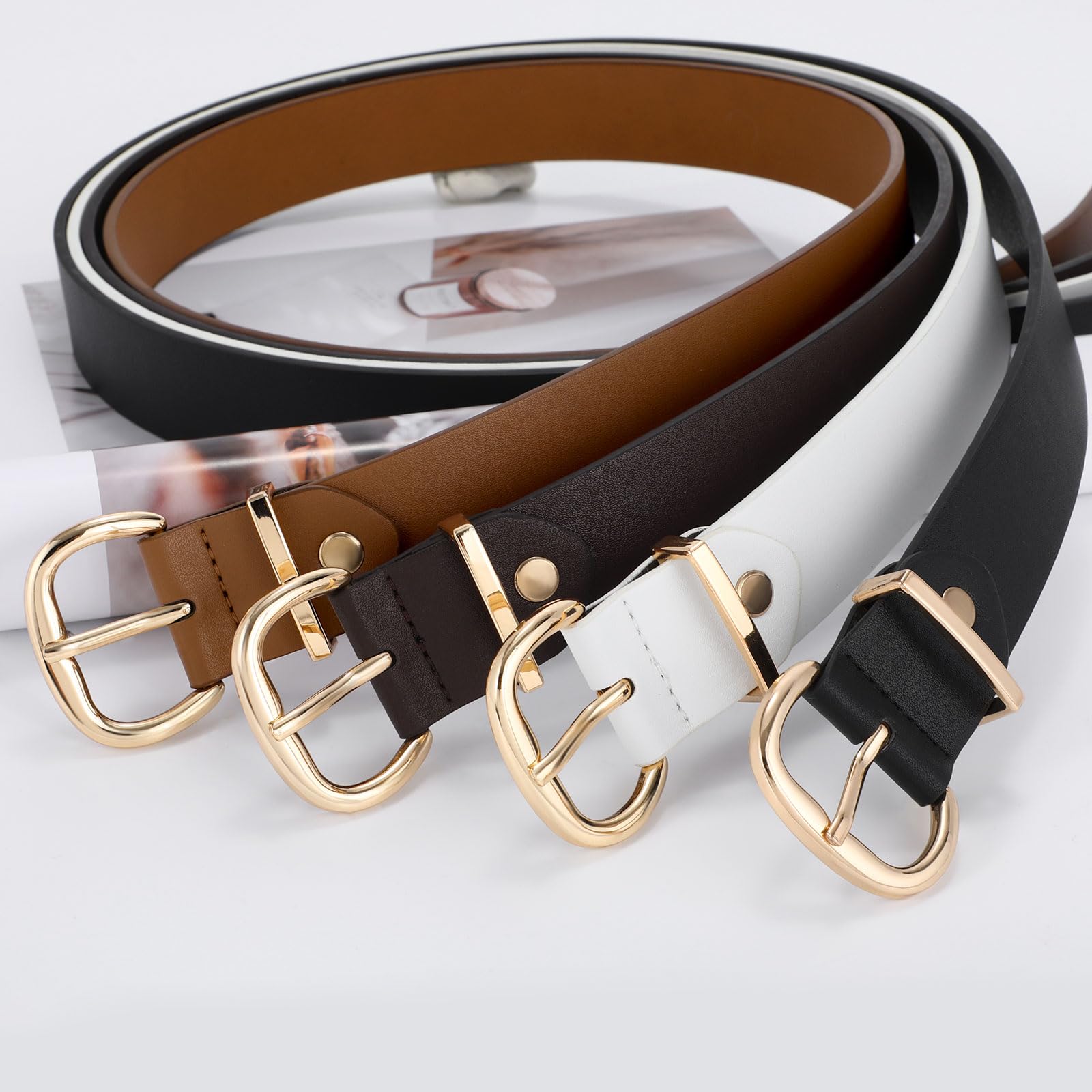 JASGOOD 3 Pack Women Leather Belt for Jeans Pants Gold Buckle Casual Waist Dresses Belt for Ladies