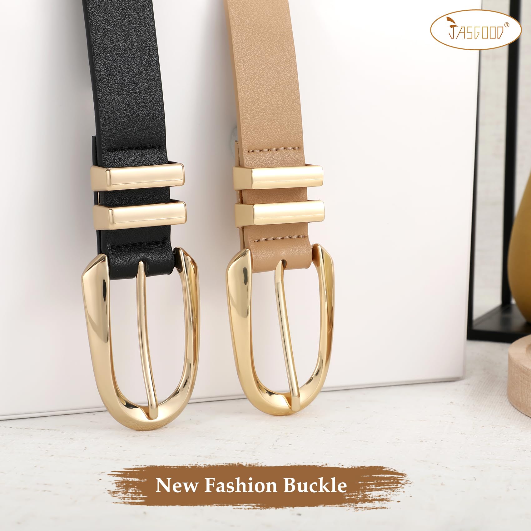 JASGOOD Women Leather Belt Fashion Waist Belt for Pants Jean Ladies Faux Leather Dress belt with Gold/Silver Buckle 2 Pack