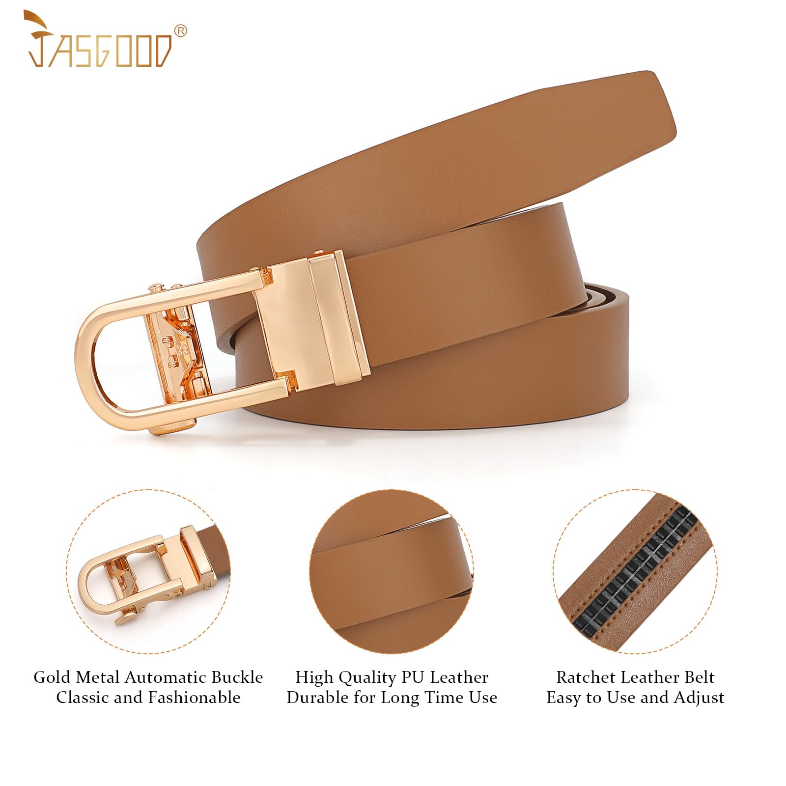 JASGOOD Women Leather Ratchet Belt for Jeans Pants Dresses Adjustable Belt with Automatic Sliding Buckle, Width 1.2" - JASGOOD OFFICIAL