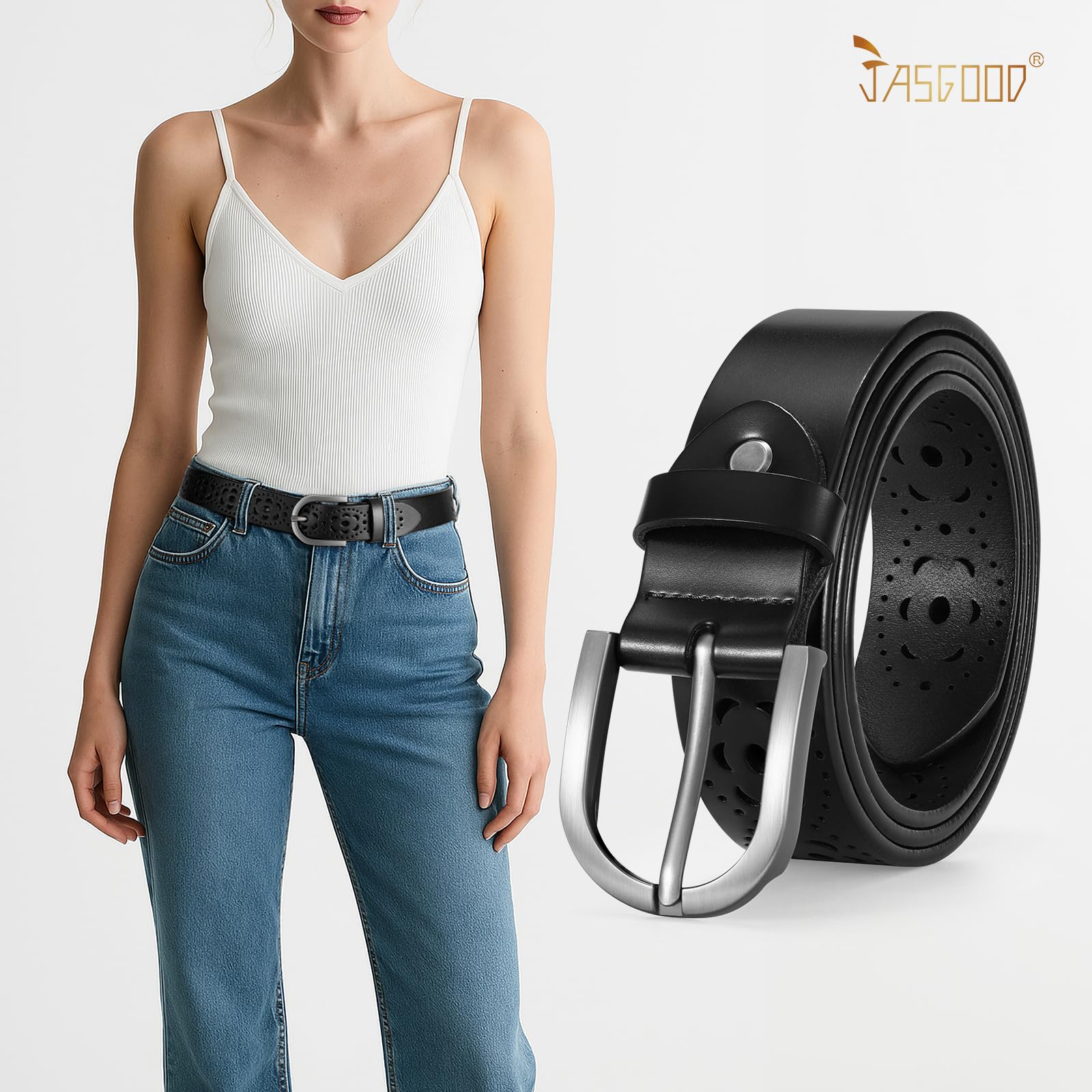 JASGOOD Hollow Genuine Leather Belt for Women Ladies Belt for Jeans Pants Casual Waist Belt - JASGOOD OFFICIAL