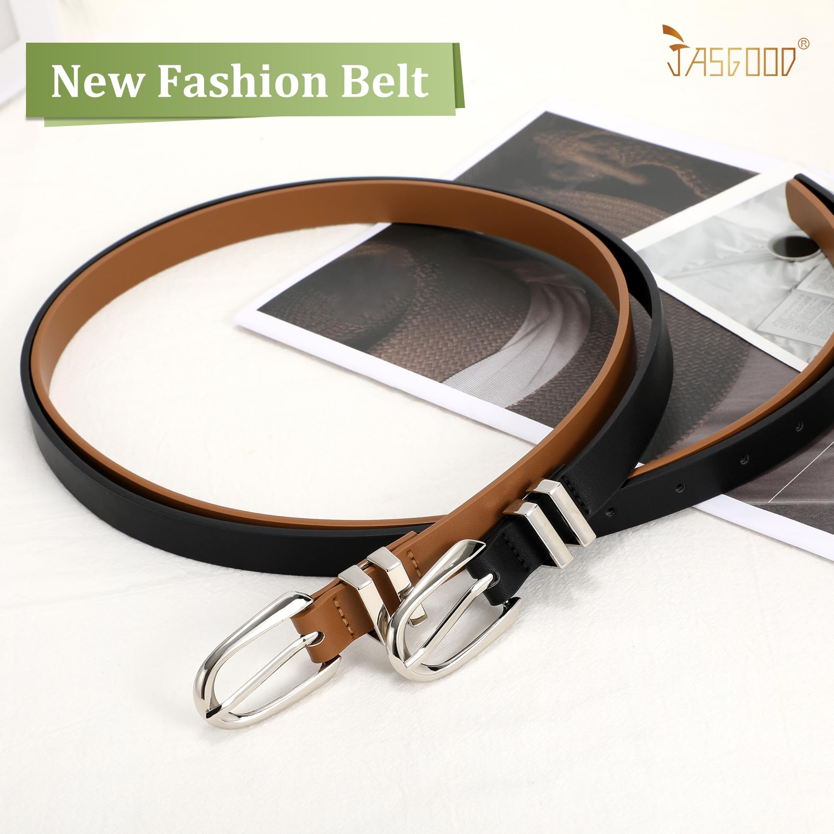 JASGOOD 2 Pack Women Skinny PU Leather Belt Ladies Thin Leather Plus Size Waist Belt for Jeans Dress with Gold Buckle