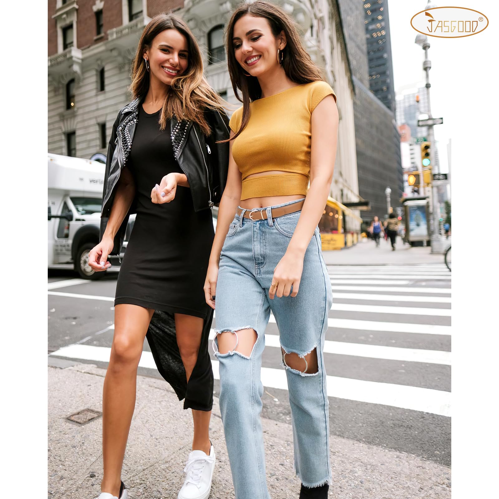 JASGOOD Women Leather Belt Fashion Dress Belt with Gold Buckle for Ladies Jeans Pants