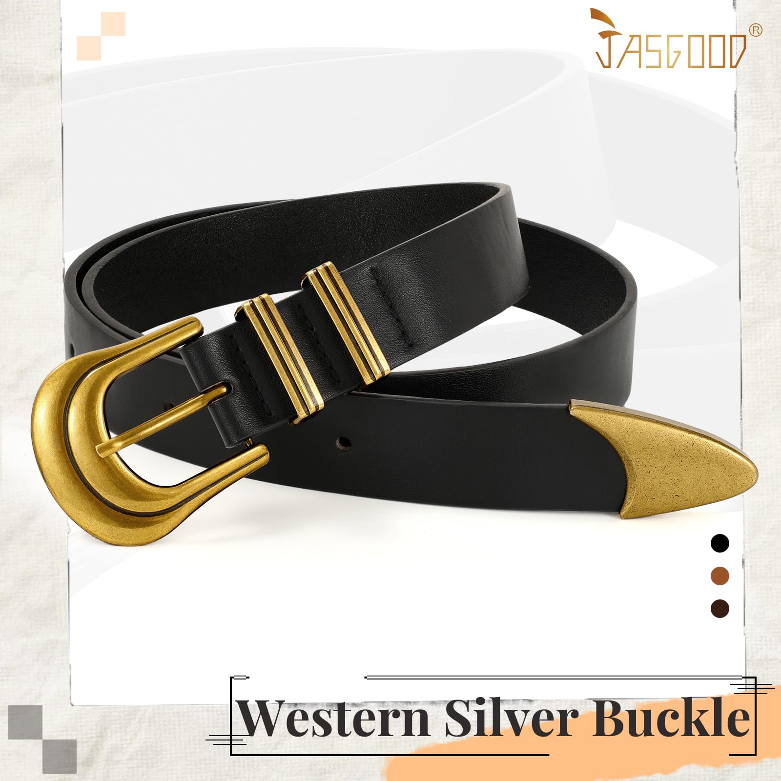 JASGOOD Women's Western Belt Vintage Black Leather Waist Belt for Pants Jeans with Gold Buckle
