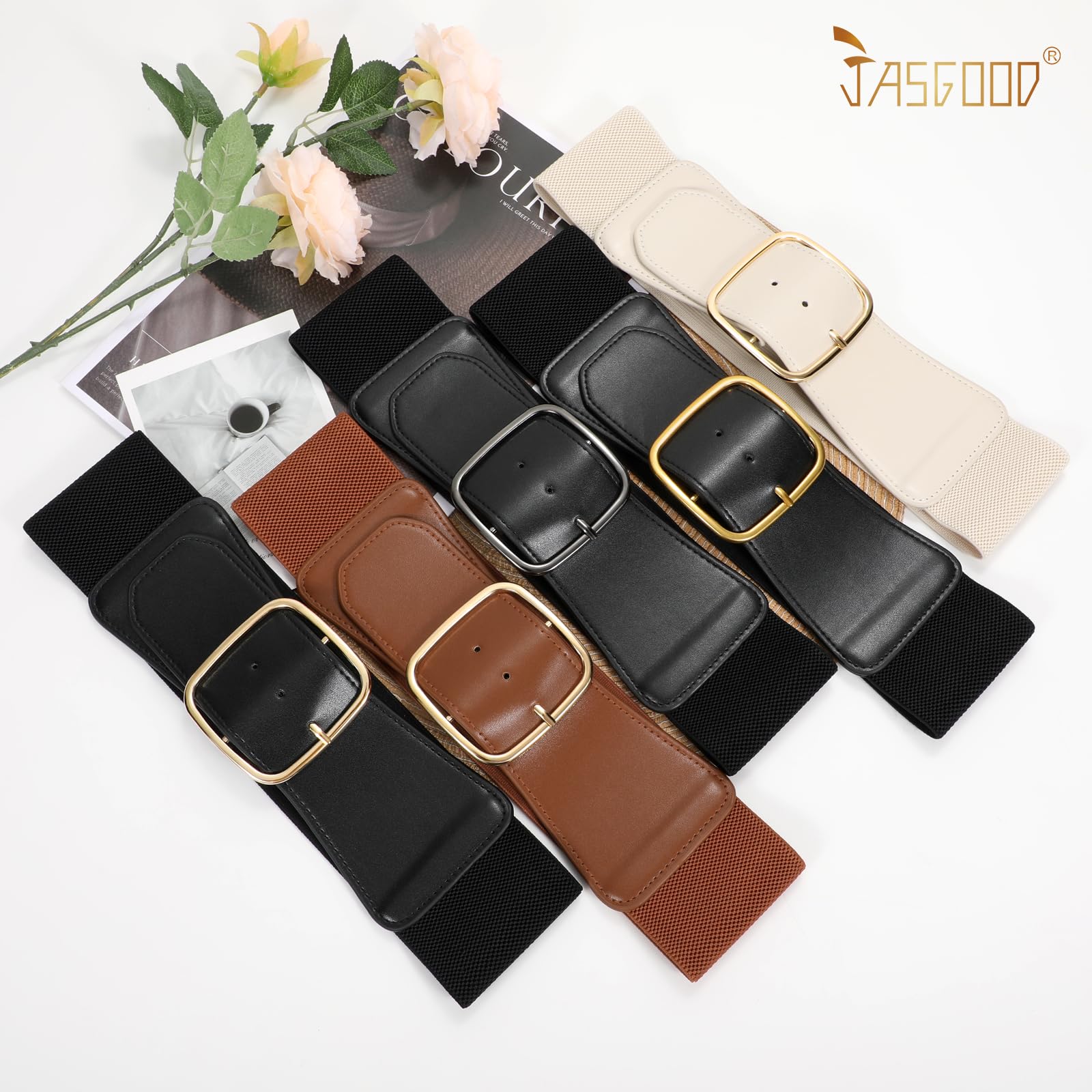 JASGOOD Women Elastic Wide Belt Ladies Stretchy Waist Belt with Square Buckle for Dress
