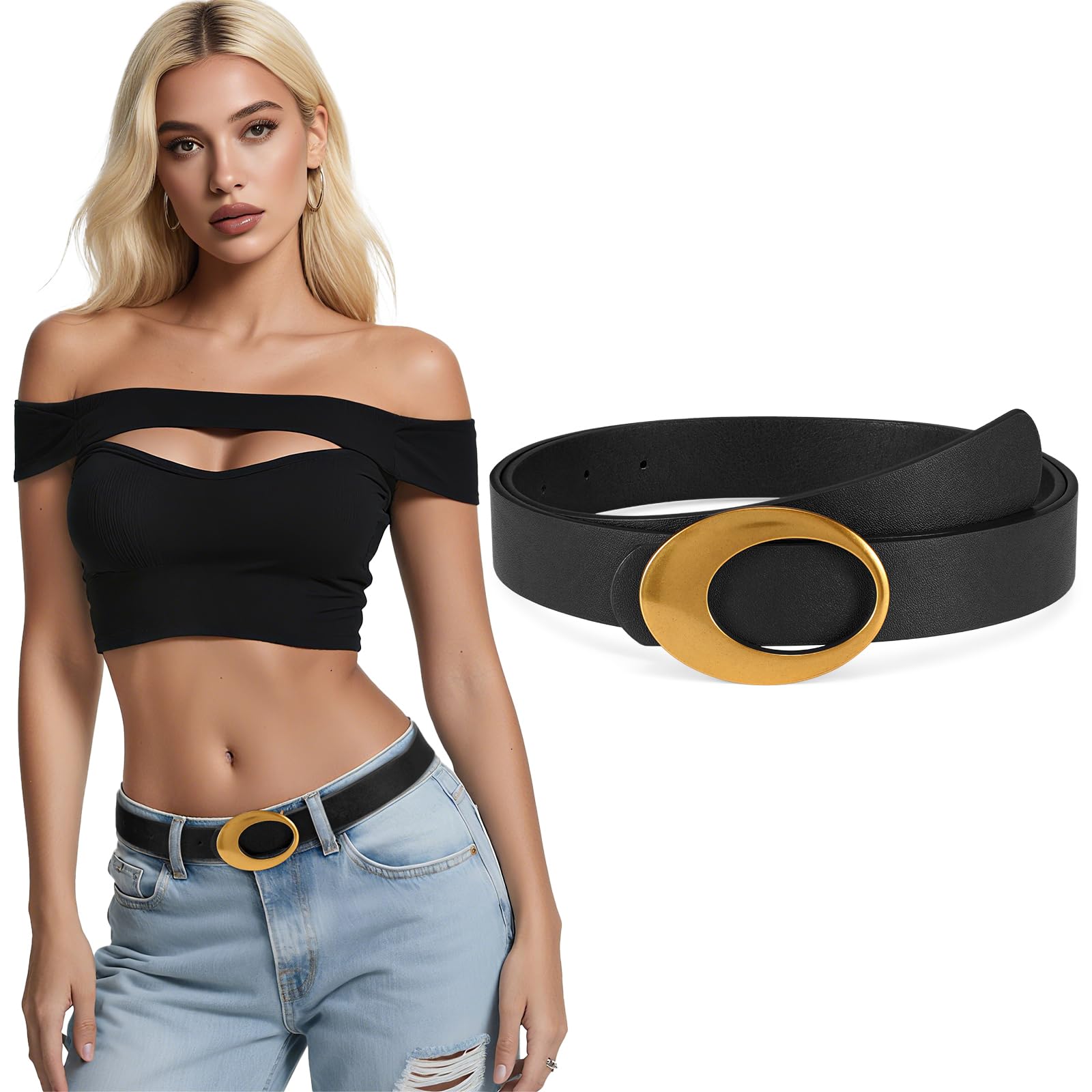 JASGOOD Women Leather Belt with Timeless Oval Silver Buckle Trendy PU Leather Waist Belt for Ladies Jeans Dress Pants