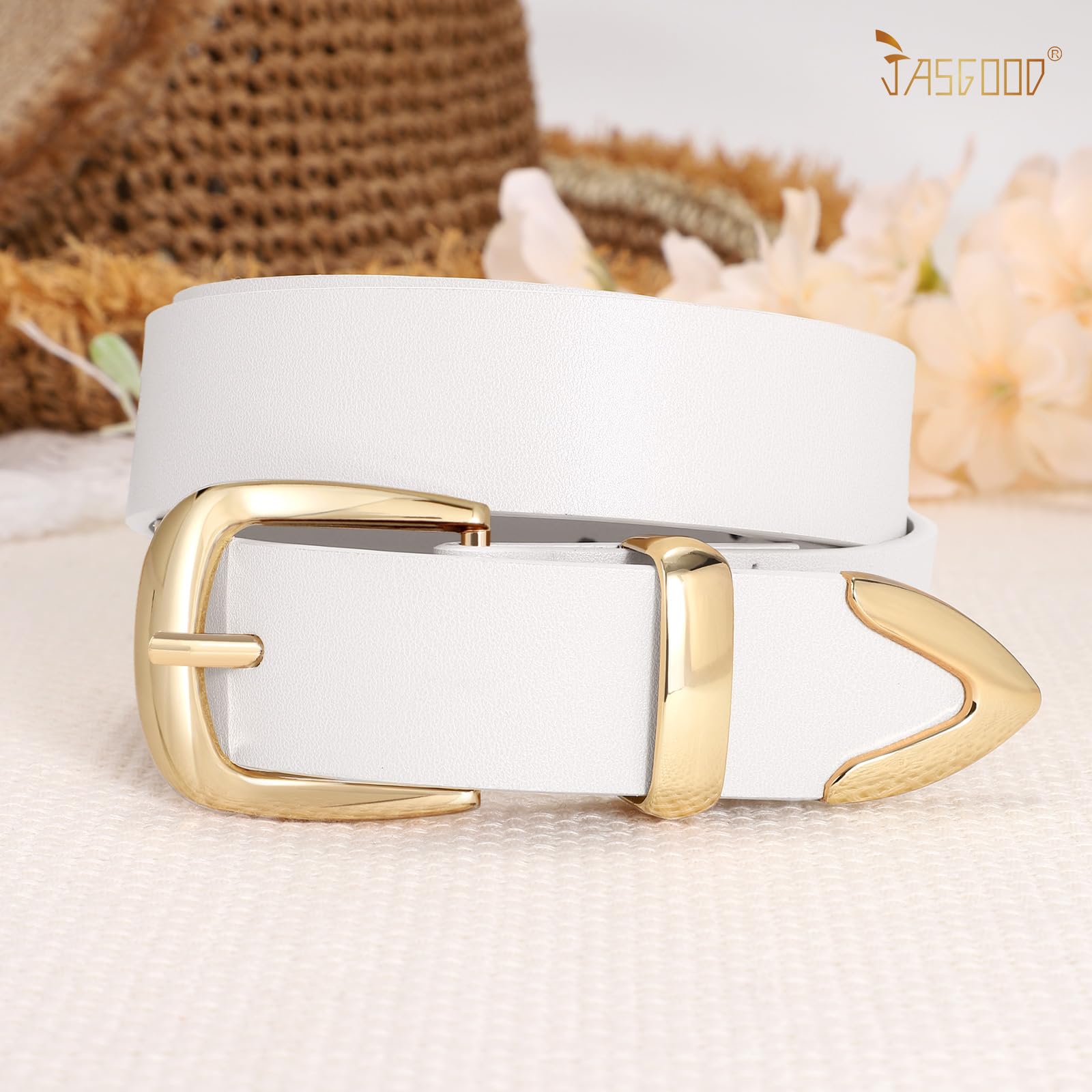 JASGOOD Women's Fashion Leather Belt Ladies Gold Buckle Leather Belt for Jeans Pants Dresses