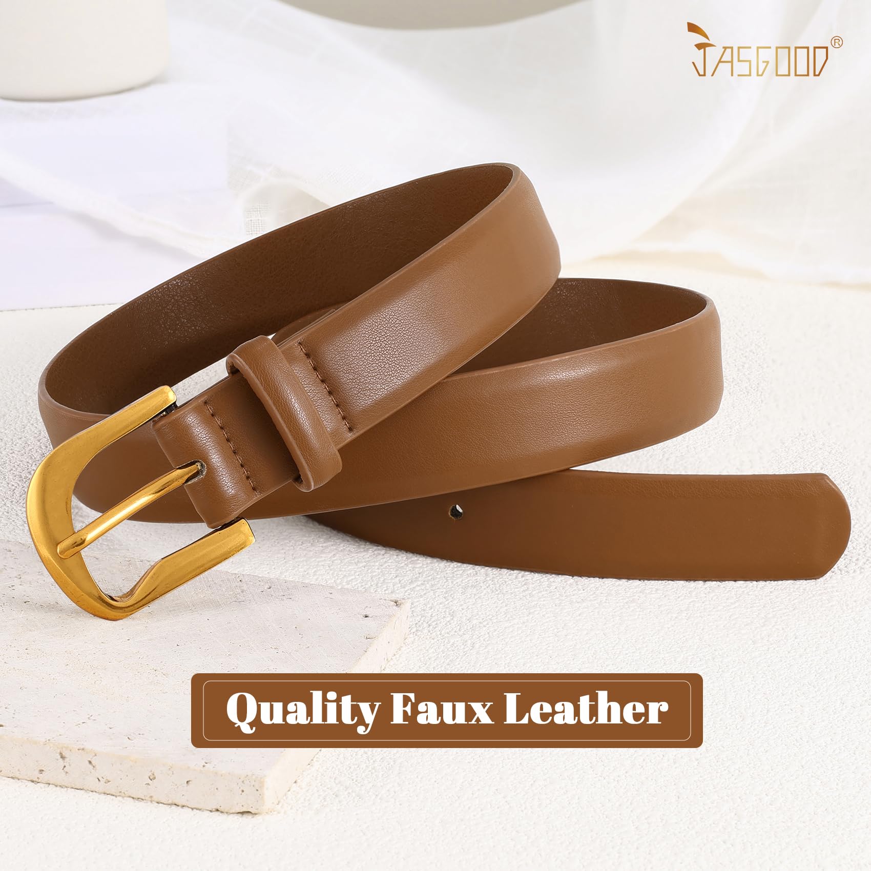 JASGOOD Women Leather Belts Plus Size Faux Leather Belt for Jeans Pants Fashion Ladies Waist Belt with Gold Buckle